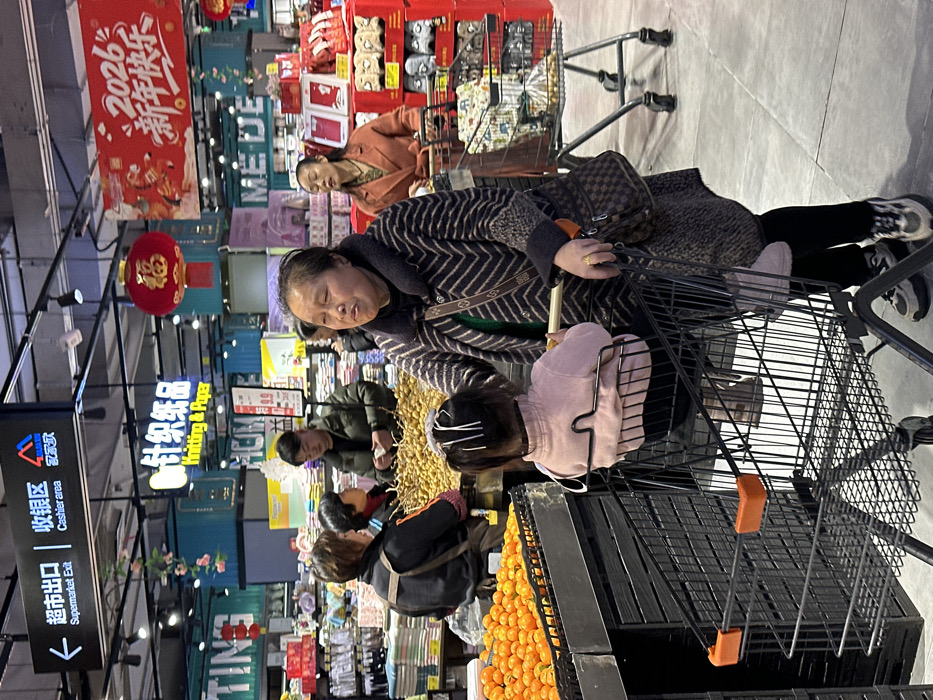 The image depicts an interior scene within a supermarket in Jiangjin, China. In the foreground, an adult female, appearing middle-aged or elderly, with dark hair pulled back, wearing a black and grey chevron-patterned coat, black pants, and athletic shoes, pushes a black metal shopping cart. A young child, dressed in a pink long-sleeved top and dark pants, with white hair clips in dark hair, is seated in the child's section of the shopping cart. The adult female has a gold ring on her left ring finger and carries a brown, patterned shoulder bag. Her mouth is slightly open, suggesting she is speaking or chewing.
To the immediate left, a black display bin holds a large quantity of small, orange citrus fruits, likely tangerines or oranges. Further back, two individuals, including a male in a green puffer jacket, are observed examining a large pile of light-brown, round fruits, consistent with longans or lychees, on a display table. In the background, supermarket aisles with various products on shelves are visible. Overhead, white fluorescent lighting illuminates the concrete floor. Signage on the ceiling indicates "超市出口 (Supermarket Exit)" with a left arrow, "收银区 (Cashier area)", and "家家 (Jia Jia)". Another illuminated sign reads "针织纸品 (Knitting & Paper)". Red New Year decorations, including a banner reading "2026 新年快乐 (Happy New Year)" and a red lantern with the character "福 (Fu - good fortune)", are prominently displayed, suggesting a seasonal period. Another female in a brown coat is visible further down an aisle, pushing another shopping cart.