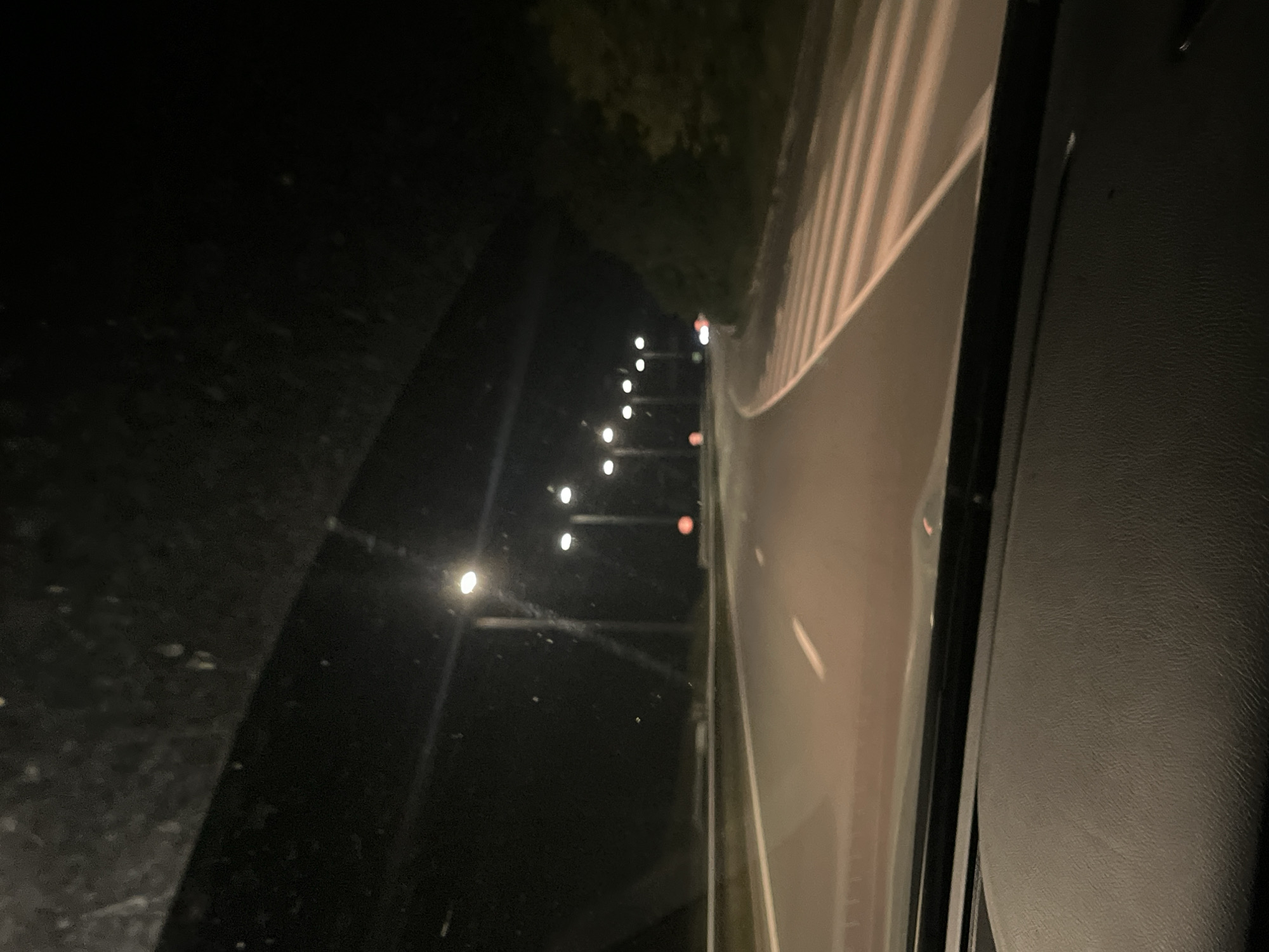 The image shows a view from inside a vehicle at night. On the right is a portion of the vehicle's interior, specifically the door and a section of the dashboard or seat upholstery. Through the vehicle's window, a dark outdoor scene is visible. A row of streetlights extends into the distance along a road or highway. The road appears to have a guardrail or barrier on its right side. Some trees are visible in the background. There is not enough information to determine if this is in Balanovo, Bulgaria.