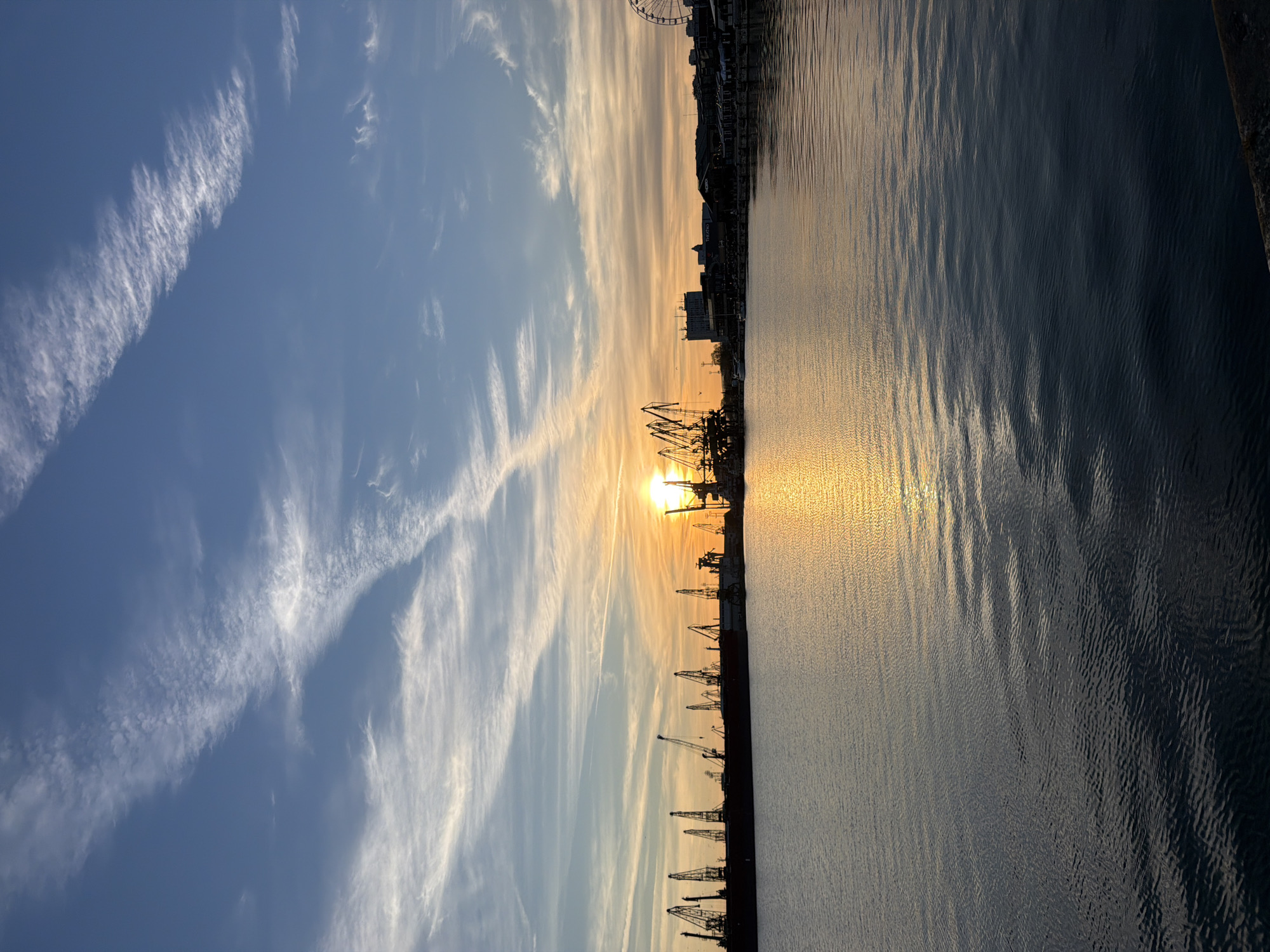 This landscape photograph captures a vibrant sunset over a port or harbor, likely in Varna, Bulgaria. The image is horizontally divided, showcasing the sky on the upper half and the water on the lower half, separated by a silhouetted industrial coastline.
The sky transitions from a soft blue on the left to warm golden and orange tones near the horizon on the right, where the sun is setting. Numerous wispy, white cirrus clouds streak across the sky, with some appearing as distinct, elongated contrails.
Along the horizon, a series of tall, dark industrial cranes are silhouetted against the bright, intense glow of the setting sun. The sun itself is a radiant golden orb, positioned just above the waterline and partially obscured by the crane structures. To the right of the cranes, the dark outlines of distant buildings and a large Ferris wheel are visible, suggesting a cityscape adjacent to the port.
The water below reflects the sun's warm light, creating a shimmering, golden path that extends across the surface, especially towards the center and right. Further from the direct reflection, the water appears darker, with subtle ripples and waves adding texture to its surface.
The overall scene conveys a serene yet industrious atmosphere at sunset, highlighted by the striking contrast between the luminous sky and water and the dark, intricate silhouettes of the port infrastructure. No visible text is present in the image.
