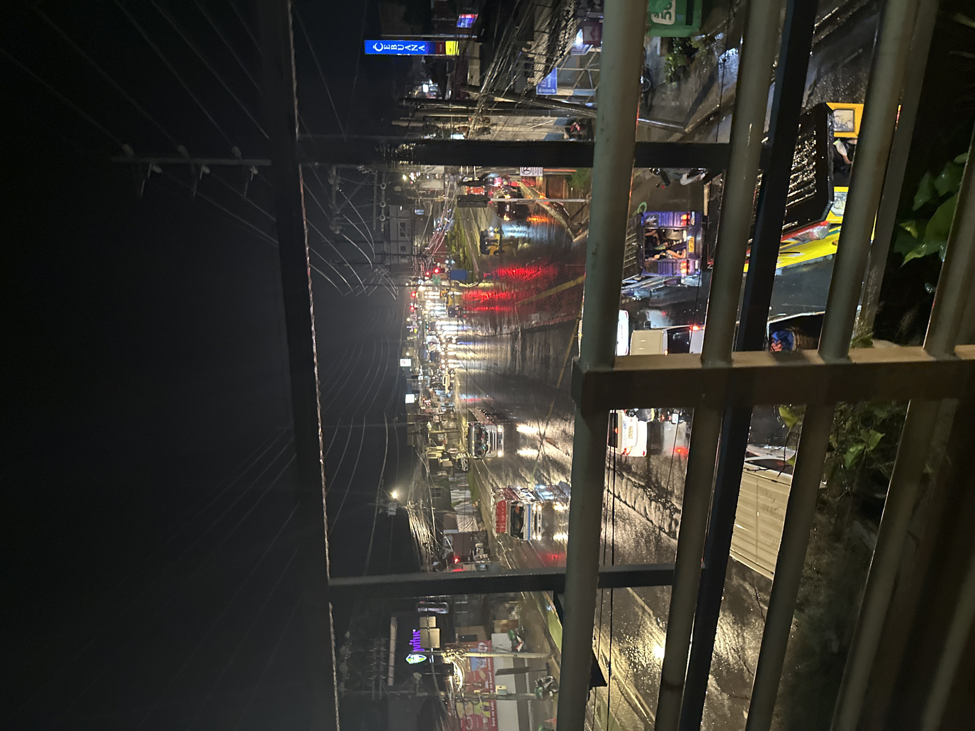 This is a nighttime, high-angle street-level photograph taken in Davao City, Philippines, likely from an overpass. The scene depicts a wet street reflecting the lights of vehicles and businesses, suggesting it has recently rained or is still raining.
The road is a multi-lane thoroughfare with heavy traffic. Vehicles visible include trucks, cars, motorcycles, and jeepneys, many of which are illuminated by their headlights and taillights, creating streaks of light on the wet asphalt. The reflections of red traffic lights and the headlights of oncoming vehicles are prominent on the road surface.
Along the sides of the street are various commercial establishments, indicated by illuminated signs and storefronts. One prominent blue sign reads "CEBUANA." Overhead, a complex network of power lines and utility poles crisscrosses the sky, a common sight in urban areas.
In the foreground, a metal railing of the overpass is visible, with a dark structure behind it. The lower portion of the image shows more of the street and some greenery, possibly vegetation growing beneath the overpass. The overall atmosphere is one of a busy, wet urban environment at night.