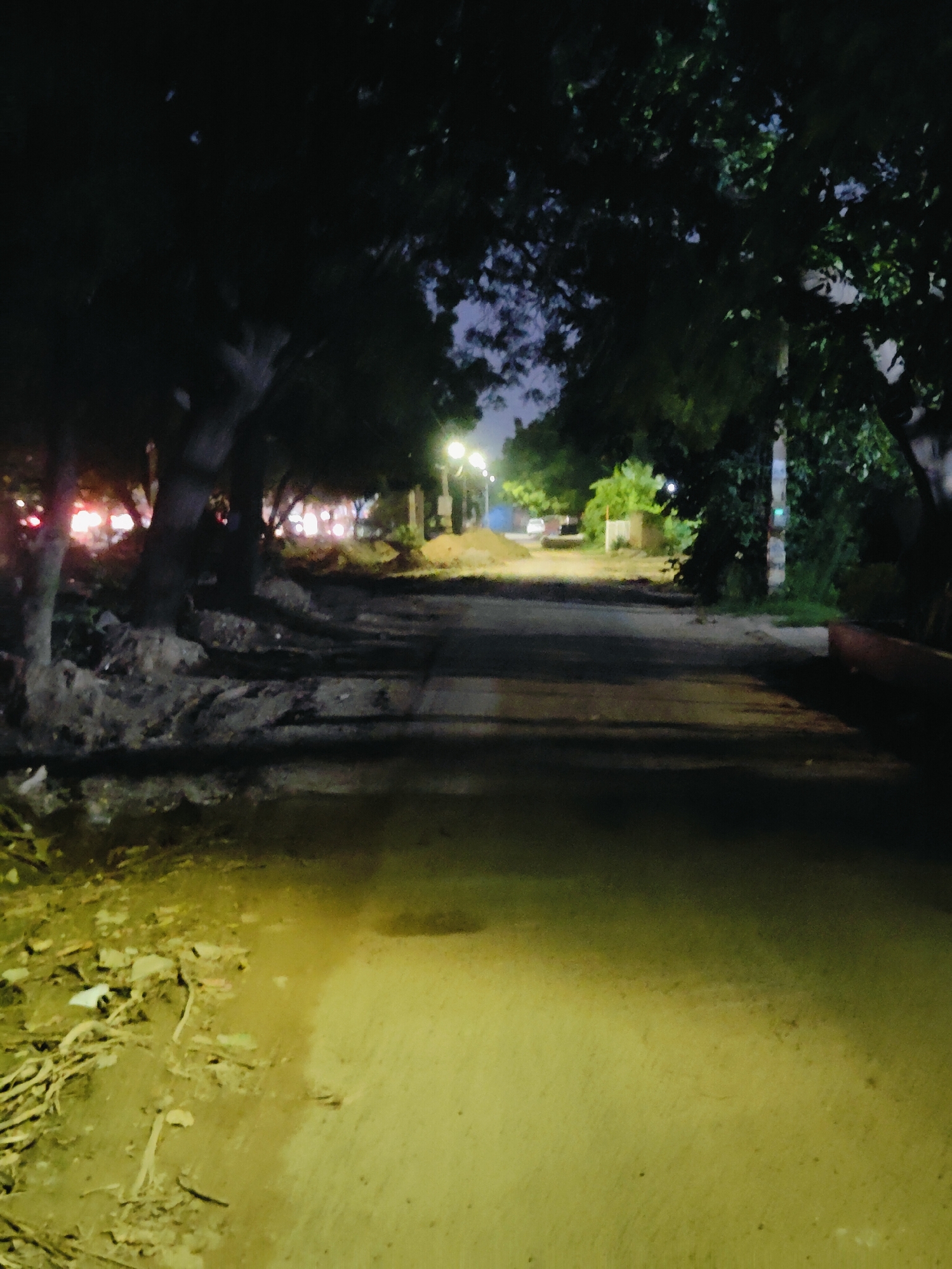 The image depicts a dimly lit street scene at night in Gurgaon, India. A paved road stretches into the distance, flanked by trees and vegetation on either side. The left side of the road features an area with debris, including dirt, branches, and some scattered white objects, possibly litter. Large trees with visible trunks and branches are present, casting shadows onto the road. In the background, streetlights illuminate portions of the scene, and faint red and white lights suggest the presence of distant traffic or buildings. The overall atmosphere is dark, with the light sources creating pools of illumination on the road and surrounding areas.