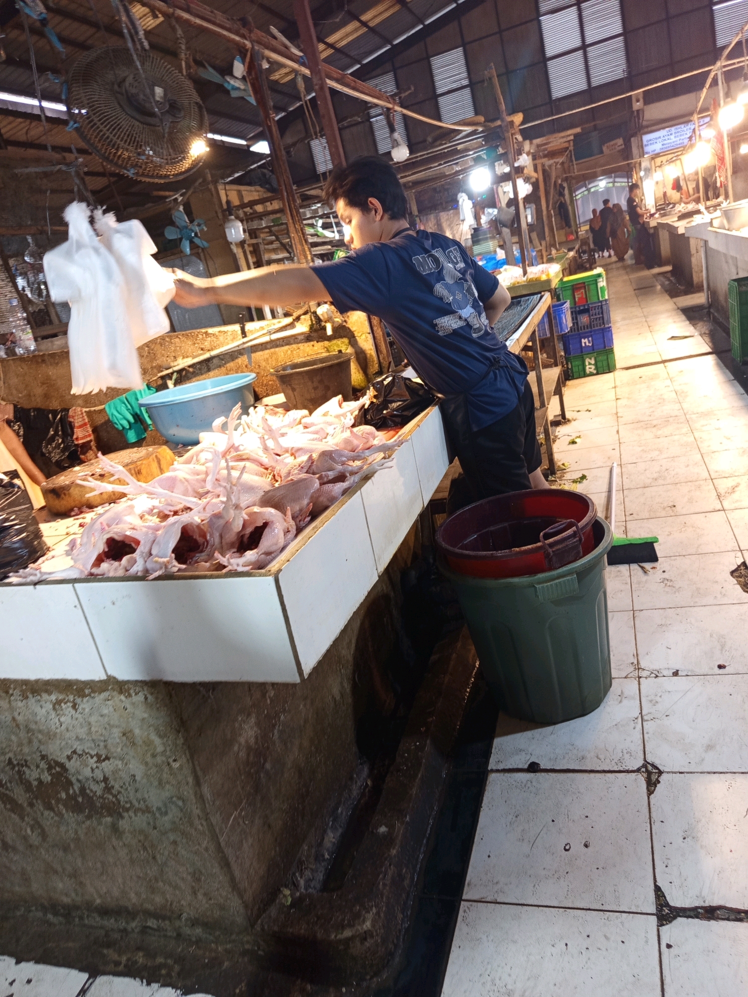 The image depicts a butcher's stall in a market, likely located in Karawang, Indonesia, characterized by its open-air structure with a corrugated metal roof and concrete flooring. The scene is bustling with activity, focusing on the preparation and display of raw chicken.
A young man, wearing a blue t-shirt with a graphic print and dark pants, is the central figure. He is actively engaged in his work, reaching out with his right arm to handle what appears to be plastic bags. His posture suggests he is either retrieving or placing items, possibly for packaging or display.
In front of him, a long, white-tiled counter displays a large quantity of whole, raw chickens. The chickens are meticulously arranged, showcasing their prepared state for sale. To the left of the counter, a blue plastic basin is visible, likely used for washing or holding the poultry. Nearby, a chopping board and other butchering tools are present, indicating the ongoing nature of the work.
The environment is somewhat cluttered, with various objects scattered around. To the right of the butcher, a large, green plastic bin stands on the tiled floor, containing a red plastic bucket. A broom leans against the bin, suggesting the area is being kept clean. In the background, other stalls and market-goers are partially visible, hinting at the broader market setting. The lighting is a mix of natural light and artificial illumination from overhead lamps, casting a warm glow on the scene. The overall impression is one of a busy, functional marketplace environment.
