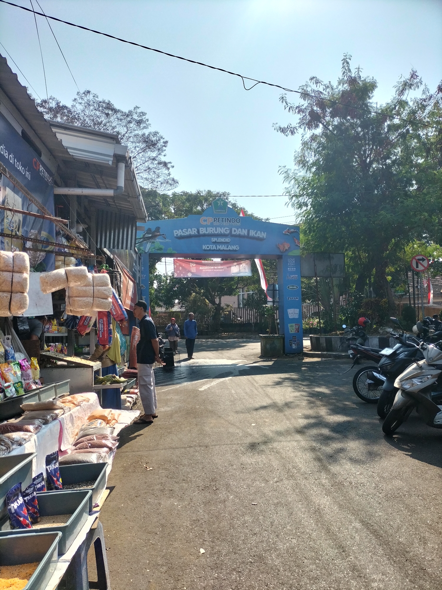 A street scene in Malang, Indonesia, features a market entrance adorned with a blue archway that reads "CP PETINDO PASAR BURUNG DAN IKAN KOTA MALANG." The archway is decorated with images of birds and fish, and flags of Indonesia are visible. In the foreground, a market stall displays bags of animal feed and what appear to be bundles of straw or nesting material. A man in light-colored pants and a dark shirt stands near the stall, facing away from the camera. Further back, two men walk in the direction of the market entrance. Several motorcycles are parked on the right side of the road. The environment is sunny with trees lining the street and casting shadows on the asphalt.