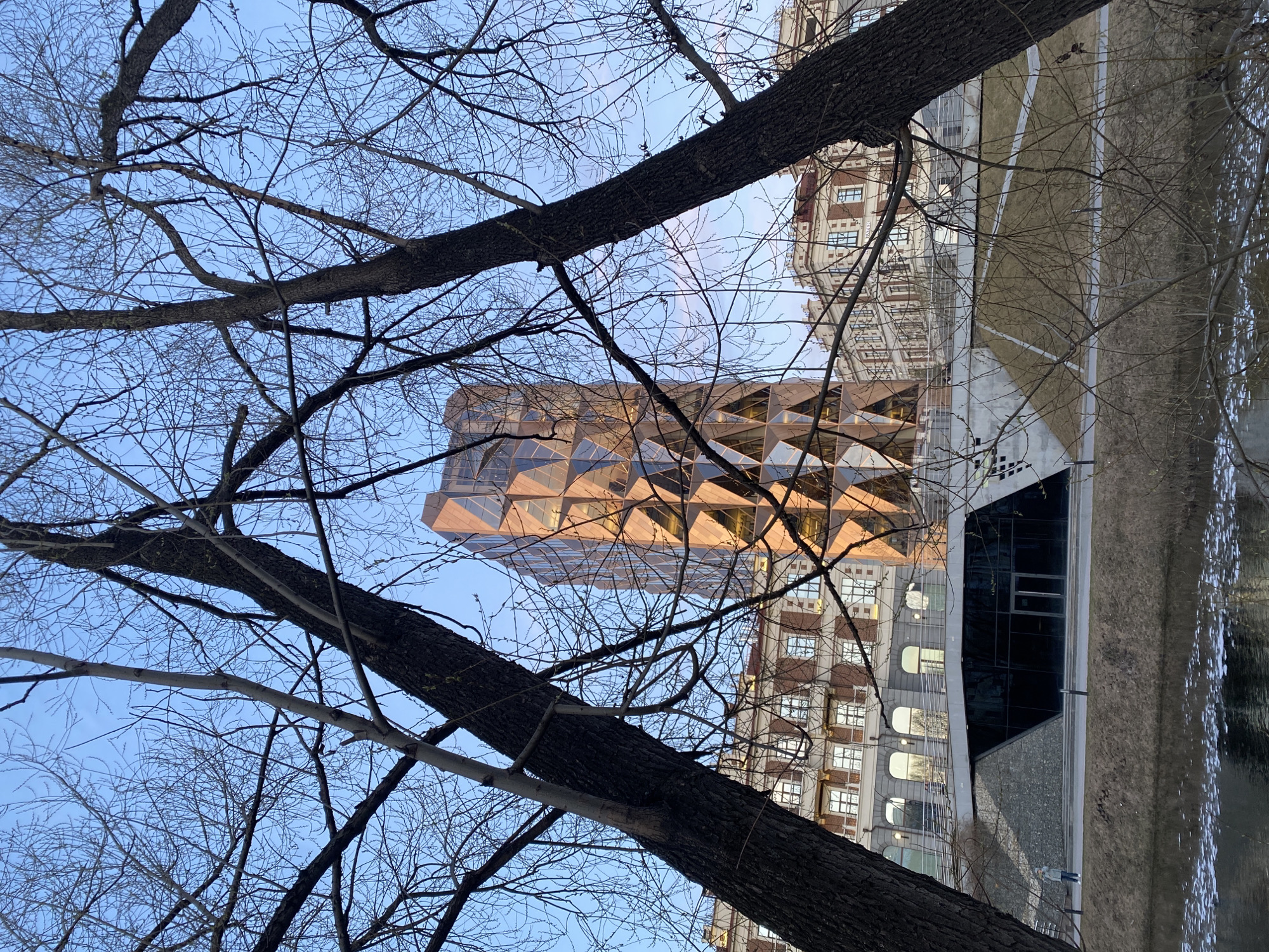 The image shows a view from below looking up at two buildings framed by bare tree branches against a light blue sky. The building on the left has a modern design with a bronze-colored, triangular patterned facade. To its right is a taller, more traditional building with a grid of windows. A concrete structure, likely a walkway, is situated to the right with water reflecting light, which could be part of a river or pond. The photograph was taken in Yekaterinburg, Russia. No people are clearly visible in the scene.