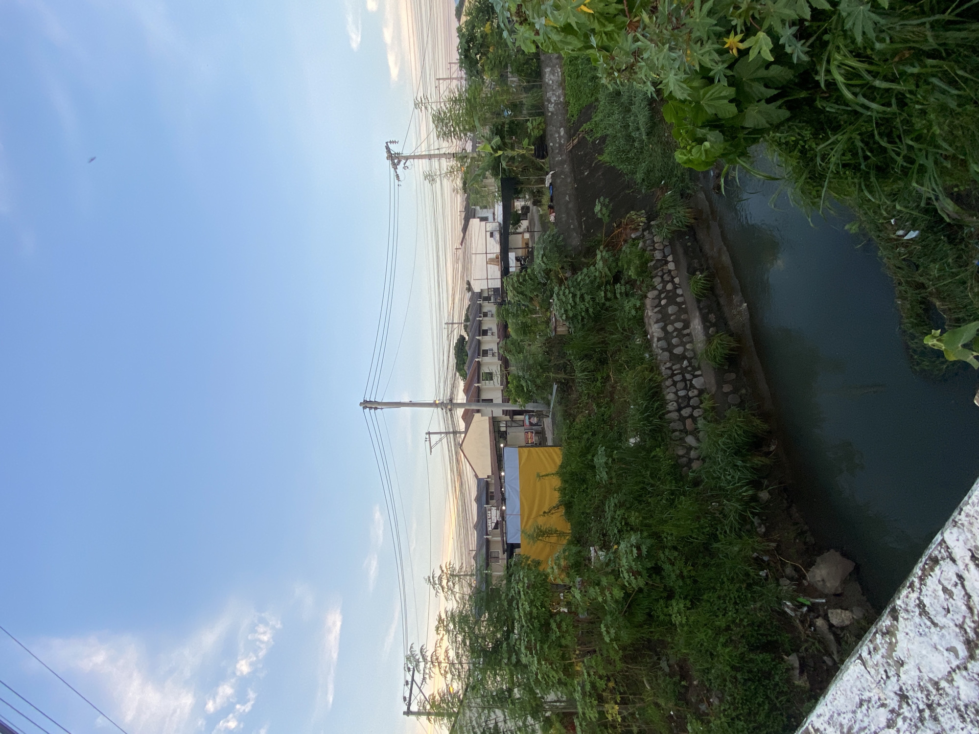 The image depicts a view of a canal in Davao City, Philippines. On the right side of the canal is a concrete embankment with dense green vegetation growing along its edge, partially obscuring the water. The left side of the canal has a stone and concrete bank, also with vegetation. Beyond the canal, there are residential buildings, with some covered by a large yellow and white cloth, possibly for an event or construction. Overhead, power lines run parallel to the canal. The sky is light blue with wispy clouds, suggesting either early morning or late afternoon light.