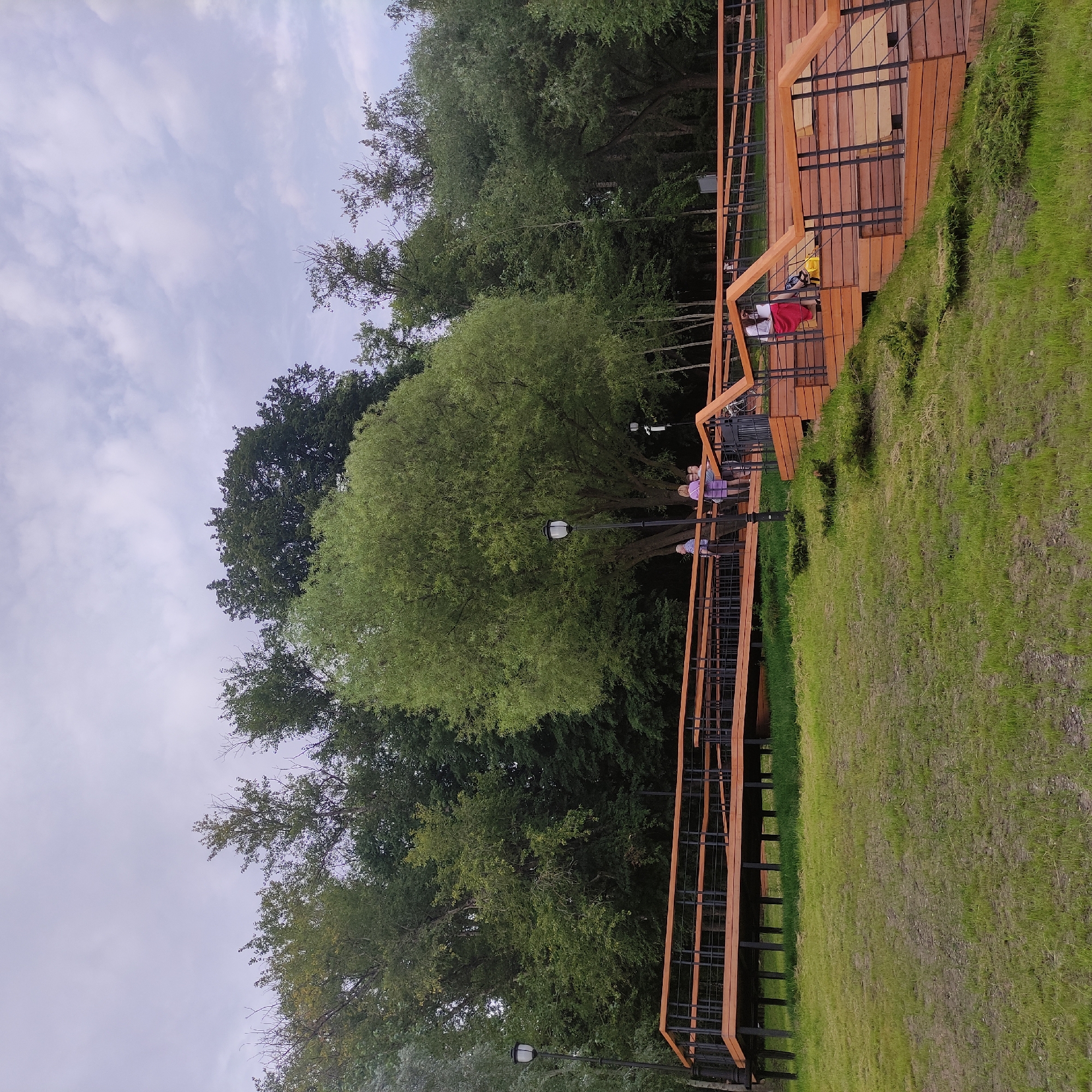 An elevated wooden boardwalk with black metal railings winds through a park area with a large, full-foliage tree at its center, and a dense line of diverse trees forming a backdrop. The boardwalk is constructed with smooth, light-colored wooden planks and darker wooden supports. Several people are visible on the boardwalk, including a couple standing near a lamppost, and a woman in a purple top and a woman in a pink shirt and white pants standing together. Further along the boardwalk, a person in a red skirt and white top is seated with a yellow bag beside them. The boardwalk is surrounded by a grassy slope. The sky is overcast with gray clouds.