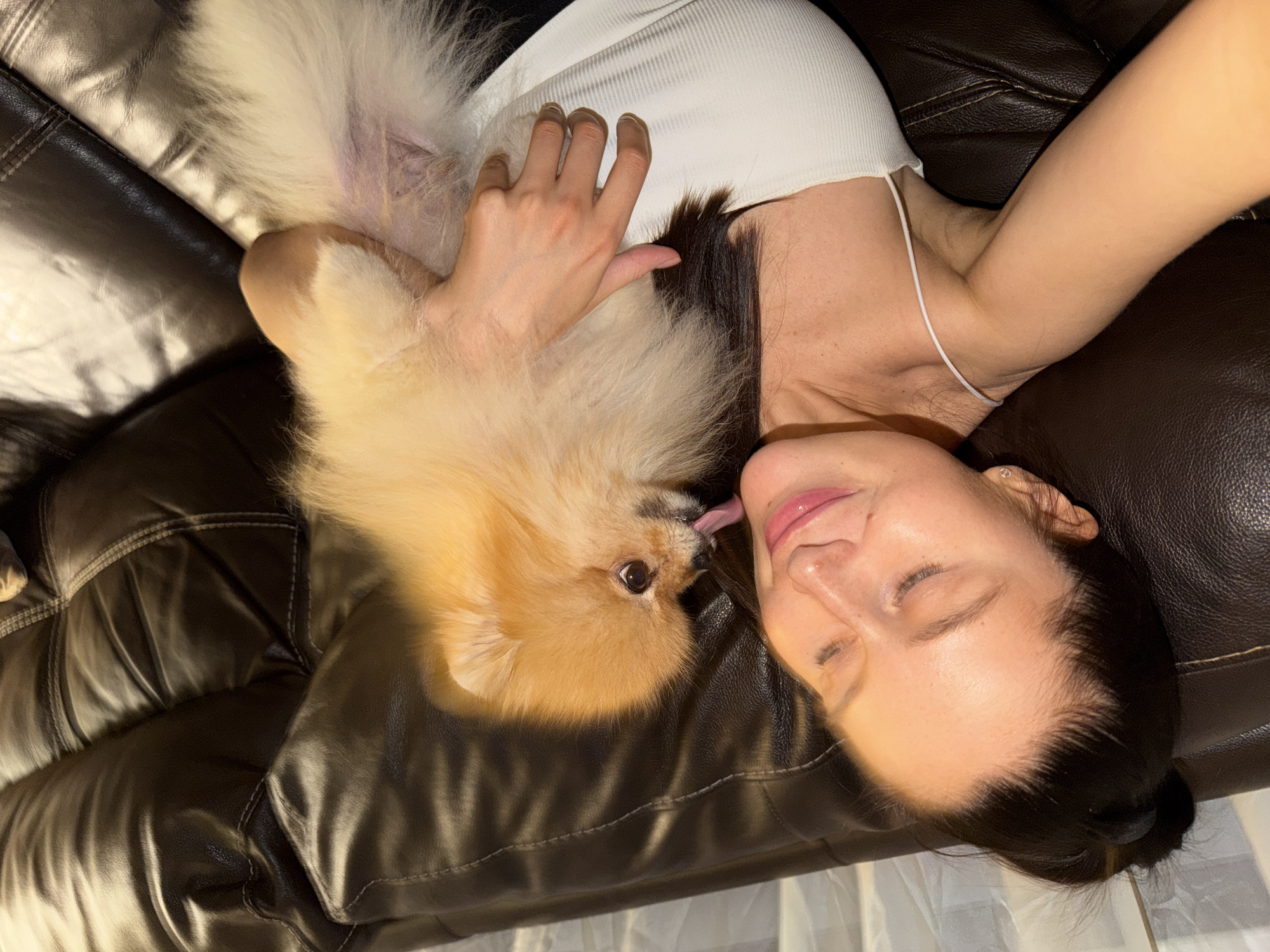 The image depicts a heartwarming moment between a person and a small dog, both relaxing on a dark brown leather couch. The person, a woman with dark hair pulled back, is seen from a top-down perspective, lying on her back with her head turned to the right. She wears a white ribbed tank top, and her eyes are gently closed, displaying a soft, contented smile. A small, light-colored stud earring is visible in her right ear.
Resting beside her is a fluffy, light brown and cream-colored Pomeranian-like dog, also on its back with its head turned towards the woman. The dog's tongue is extended, affectionately licking the woman's face or hair, while one of its dark eyes is visible, looking in her direction. The woman's hand is gently placed on the dog's chest or side, a gesture of comfort or petting.
The setting is indoors, featuring a dark brown leather couch with visible stitching and subtle reflections from what appears to be artificial lighting. The overall atmosphere conveys a strong sense of affection, peace, and mutual companionship between the woman and her pet. The scene likely takes place in a home environment in Khimki, Russia. No visible text is present in the image.
