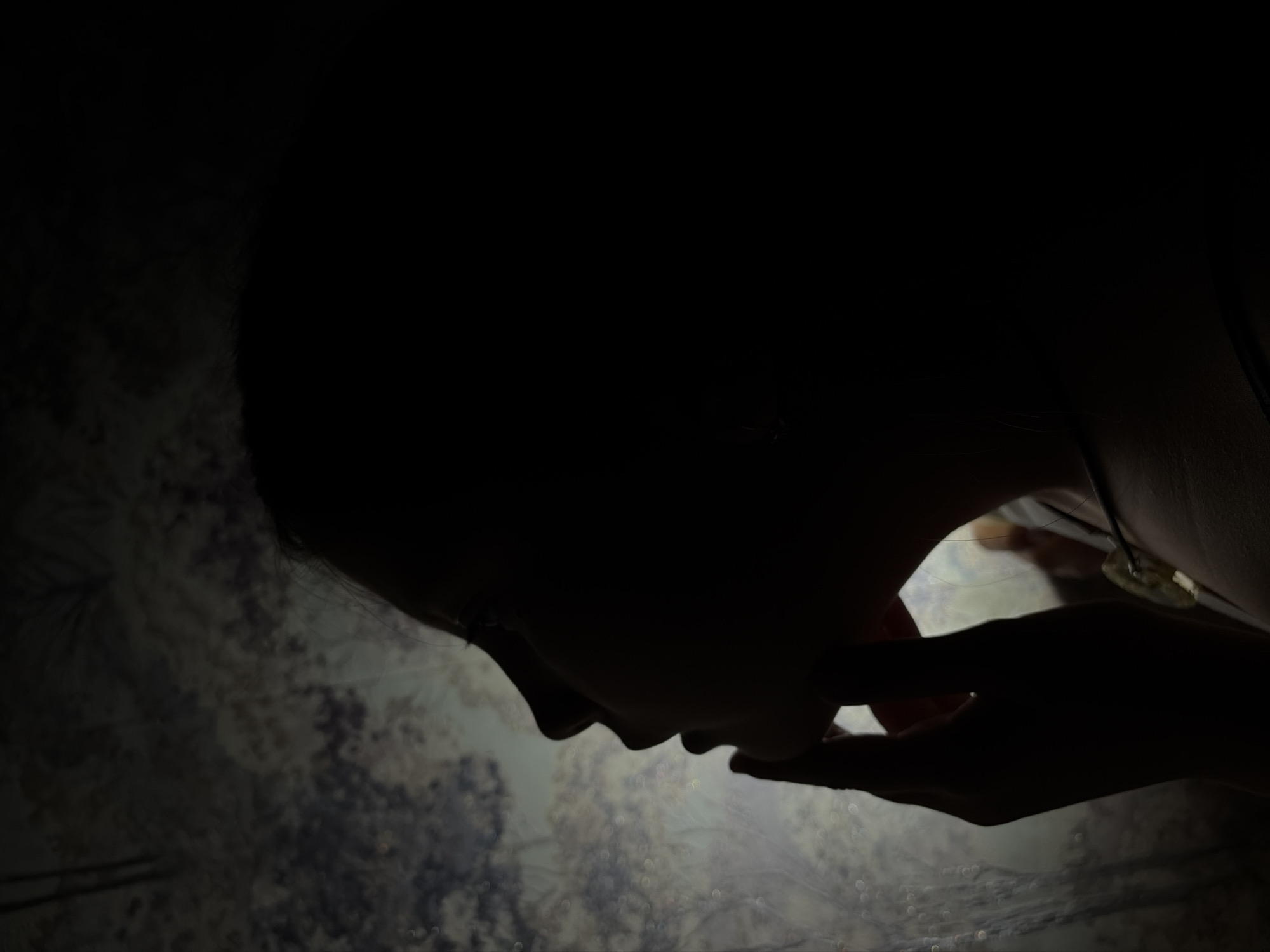 A dimly lit image reveals the silhouette of a person with their head bowed. A hand is near the person's face. A necklace is visible around the person's neck. The background has a blurred, floral or dappled pattern. The location of Novopokrovskaya, Russia, cannot be definitively determined from the provided image alone.