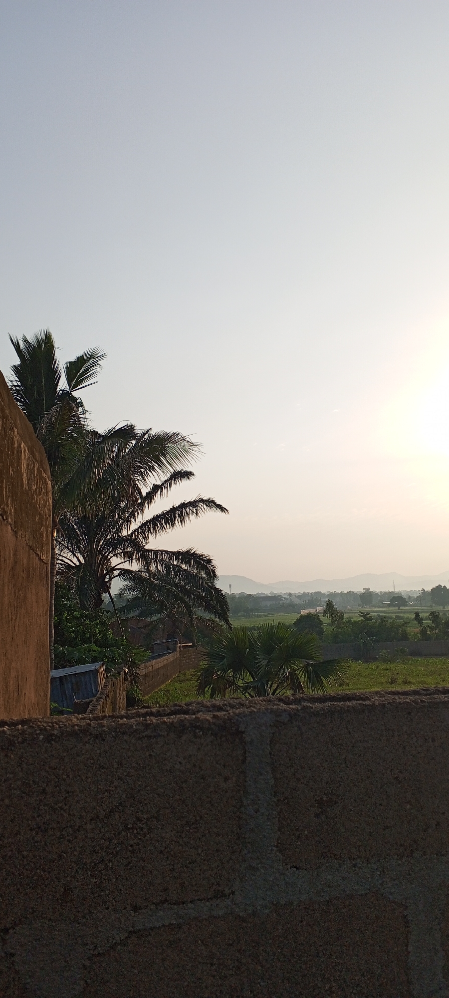 This is a photograph taken from a rooftop overlooking a landscape at what appears to be either sunrise or sunset. In the foreground, there is a rough, concrete wall. To the left, a portion of another concrete structure, possibly a building, is visible. Beyond these foreground elements, a lush green field stretches out, dotted with palm trees and other vegetation. In the middle ground, a low brick wall or fence runs horizontally across the scene, separating the field from what appears to be residential or agricultural structures. In the distance, a range of hills or mountains forms the horizon, partially obscured by haze. The sky is pale and clear, with the sun casting a bright glow on the right side of the image. The overall impression is one of a rural or semi-rural environment. The location is identified as Jalingo, Nigeria.