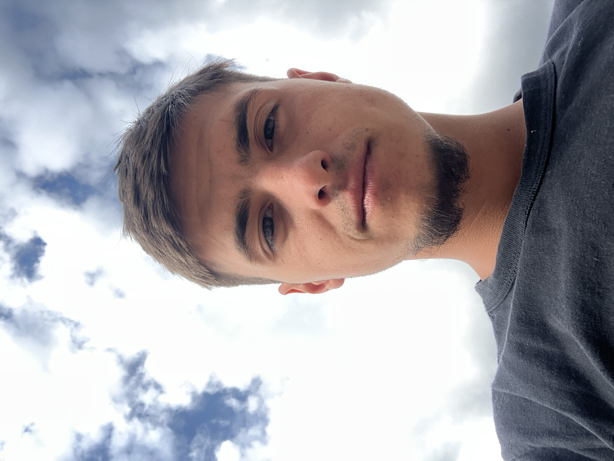 A selfie taken outdoors, with a man's face in the foreground and a cloudy sky in the background. The man has short brown hair, brown eyes, and a beard. He is wearing a dark-colored shirt. The exact location in Plovdiv, Bulgaria cannot be determined from the image.