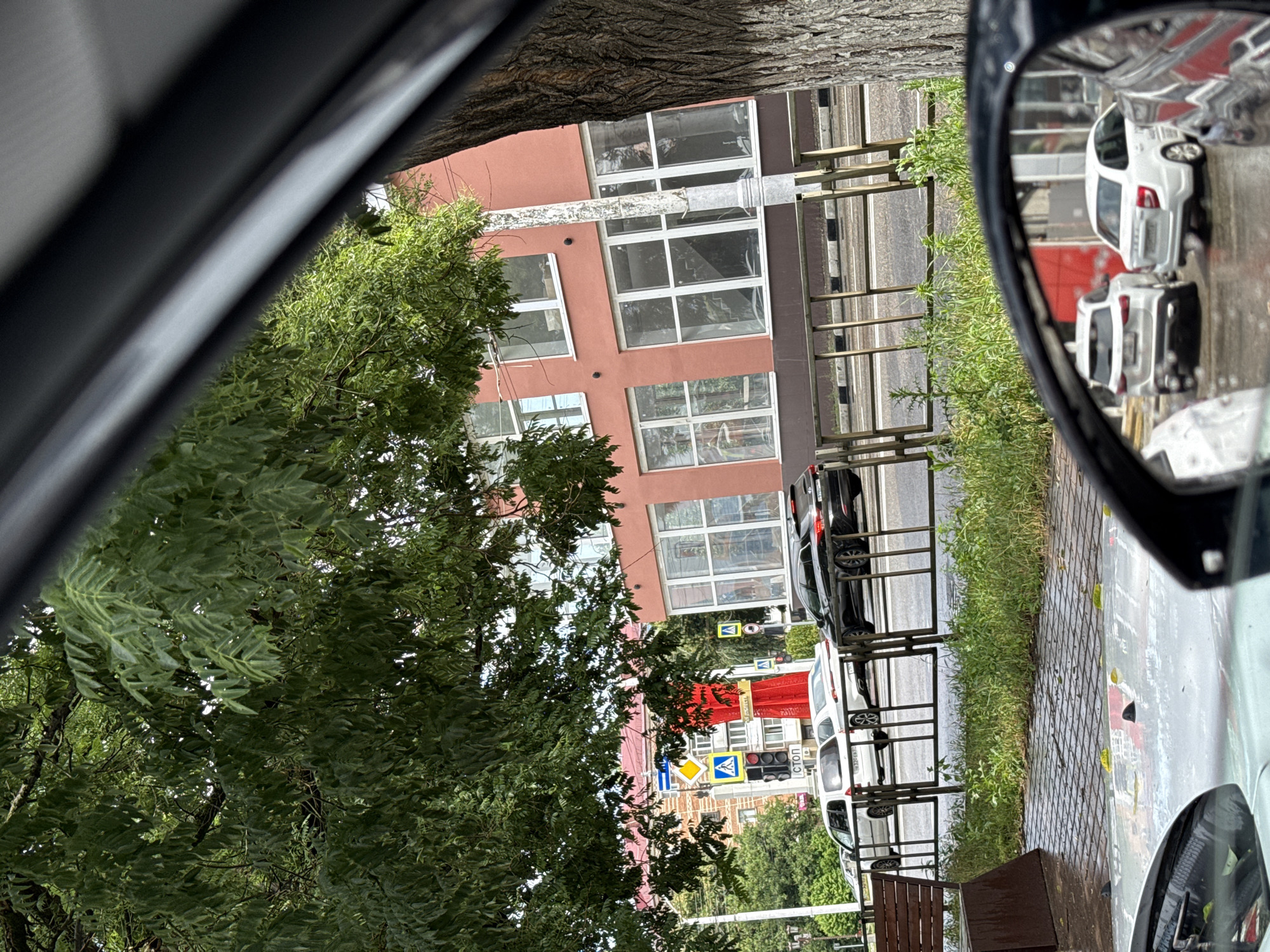 The image depicts a street scene in Armavir, Russia, viewed from inside a vehicle, likely through the windshield and side mirror. A large tree with dense green foliage dominates the foreground and left side of the image, obscuring parts of the background. The scene is viewed on a cloudy or overcast day, with wet pavement suggesting recent rain.
On the street, several cars are visible. A white van and a white sedan are stopped at what appears to be a traffic light, indicated by a red signal and a sign reading "СТОП" (STOP in Russian). A black SUV is also present on the road, further down. The vehicles are positioned on a paved road with lane markings.
Behind the vehicles, a multi-story building with a salmon-pink facade stands. It features large, modern windows with white frames. Adjacent to this building, other structures are partially visible, including a building with a red roof and a tower-like structure that is red and appears to be decorative. Traffic lights and street signs are also present.
A metal railing runs along the sidewalk, separating it from the road. A wooden bench is positioned on the sidewalk. The sidewalk itself is paved with square tiles. Green grass and weeds grow along the base of the railing and in patches on the sidewalk.
The reflection in the vehicle's side mirror shows two white cars, one SUV and one sedan, parked on a wet surface. The overall impression is of a typical urban street in Russia, with everyday elements of traffic, buildings, and vegetation.