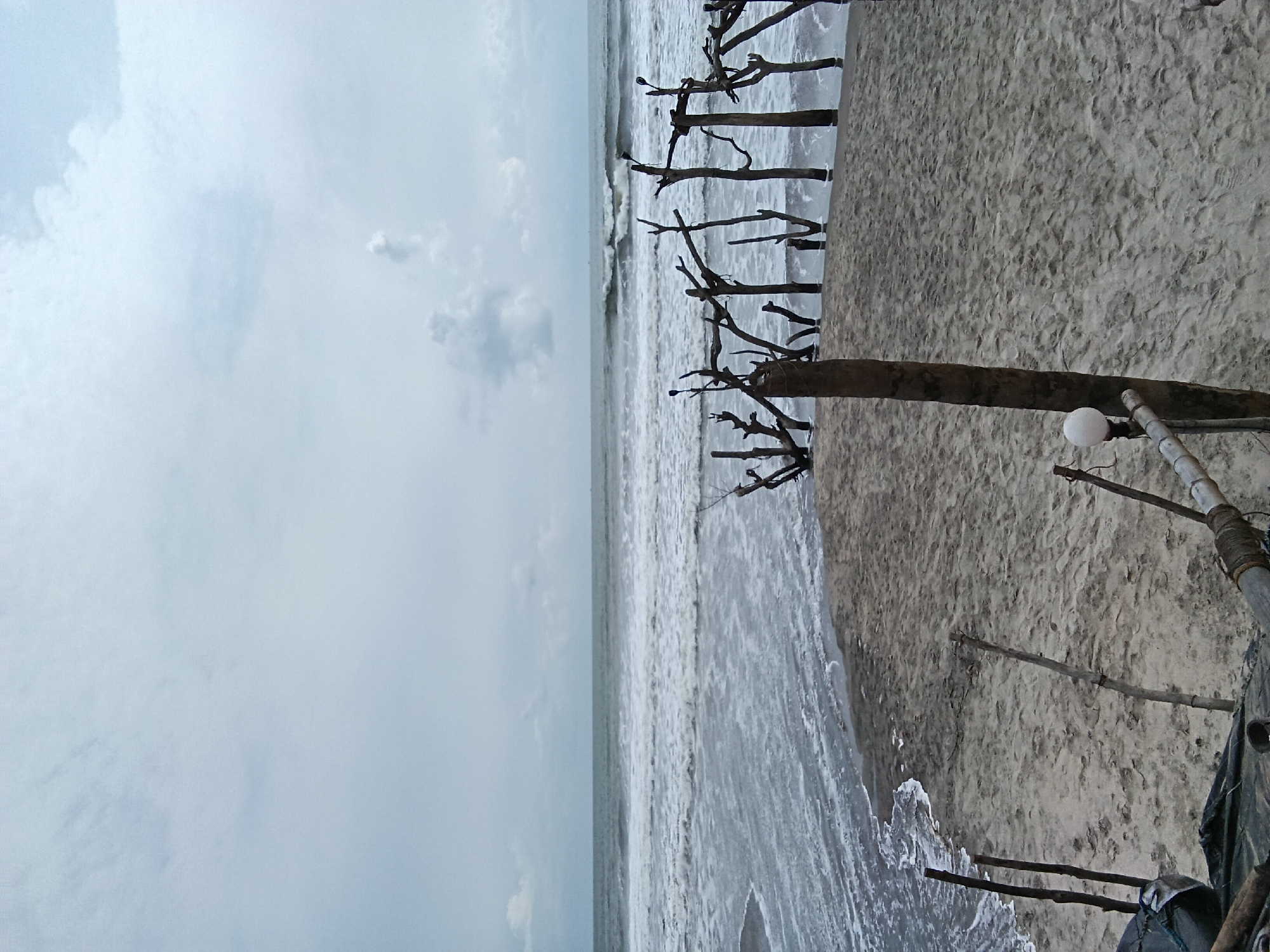 The image depicts a beach scene in Ashvem, India. The sky is overcast, with gray clouds obscuring the sun. The ocean stretches to the horizon, with waves breaking near the shore. Wooden structures, possibly remnants of old fences or supports, line the edge of the beach. A sandy beach occupies the foreground and right side of the image. A lamp is seen. The overall scene appears desolate and quiet.