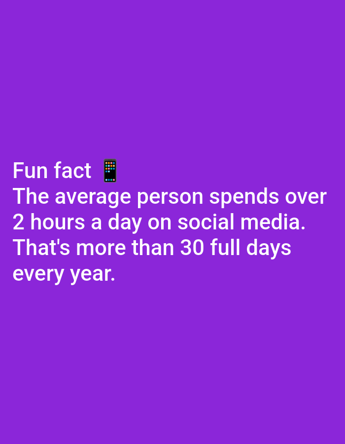 The image is a graphic with purple background and white text. The text reads: "Fun fact ๐ฑ The average person spends over 2 hours a day on social media. That's more than 30 full days every year." There is no discernible location in the city of Lagos, Nigeria, or any people, subjects, objects, or actions depicted.