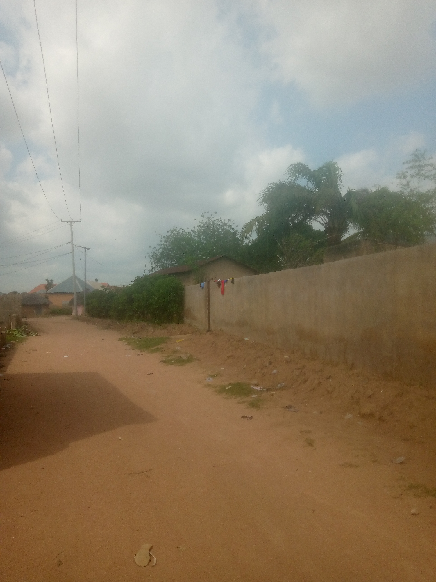 The image depicts a dusty, unpaved road in Jalingo, Nigeria. The scene is a residential area with a mix of building styles. On the left side of the road, there are a few houses, one with a thatched roof and another with a corrugated metal roof. Further down the road, a taller building with an orange roof is visible. Power lines with electricity poles run diagonally across the sky, suggesting an overhead electricity supply.
On the right side of the road, a long, beige-colored concrete wall stretches into the distance. Clothes, including a red garment, are hanging on a clothesline attached to a wooden pole in front of the wall. Behind the wall, lush green trees and palm trees are visible, indicating a tropical or subtropical climate. The ground is covered in reddish-brown dirt, with some patches of dry grass and scattered debris.
The sky is overcast with clouds, suggesting a dull or possibly rainy day. The light is diffused, and there are no strong shadows, indicating it is likely daytime, possibly late morning or afternoon. The overall impression is of a rural or semi-urban environment in Nigeria. No people are visible in the image, and there is no visible text. The scene appears peaceful and ordinary, characteristic of daily life in such a location.