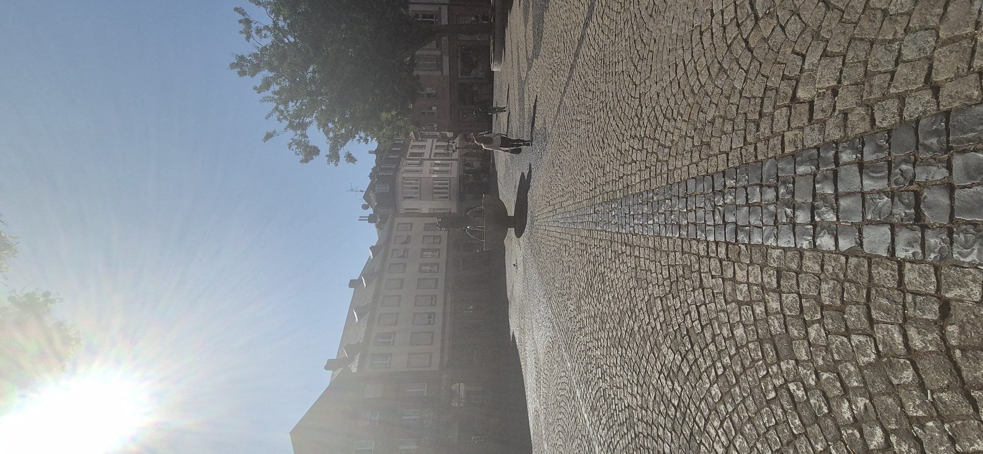 This is a vertical, medium-shot, outdoor photograph taken on a sunny day in the city of Mainz, Germany. The image depicts a cobblestone plaza with a fountain and several buildings in the background.
The foreground is dominated by the cobblestone ground, which is laid in concentric circles. A dark, reflective strip runs down the center of the plaza, appearing to be made of polished stone or metal.
In the middle ground, a woman with long, light-colored hair walks away from the camera, wearing a white top and dark pants, carrying a dark bag. To her left, a fountain with a sculpture is visible. Further in the background, several people are walking or standing.
The background features a row of traditional European buildings with multiple windows and pitched roofs. A large tree with dense foliage is on the right side of the frame. The sky is clear and blue, with the sun creating lens flare in the upper left corner. The overall impression is of a tranquil, sunny day in a European town square.