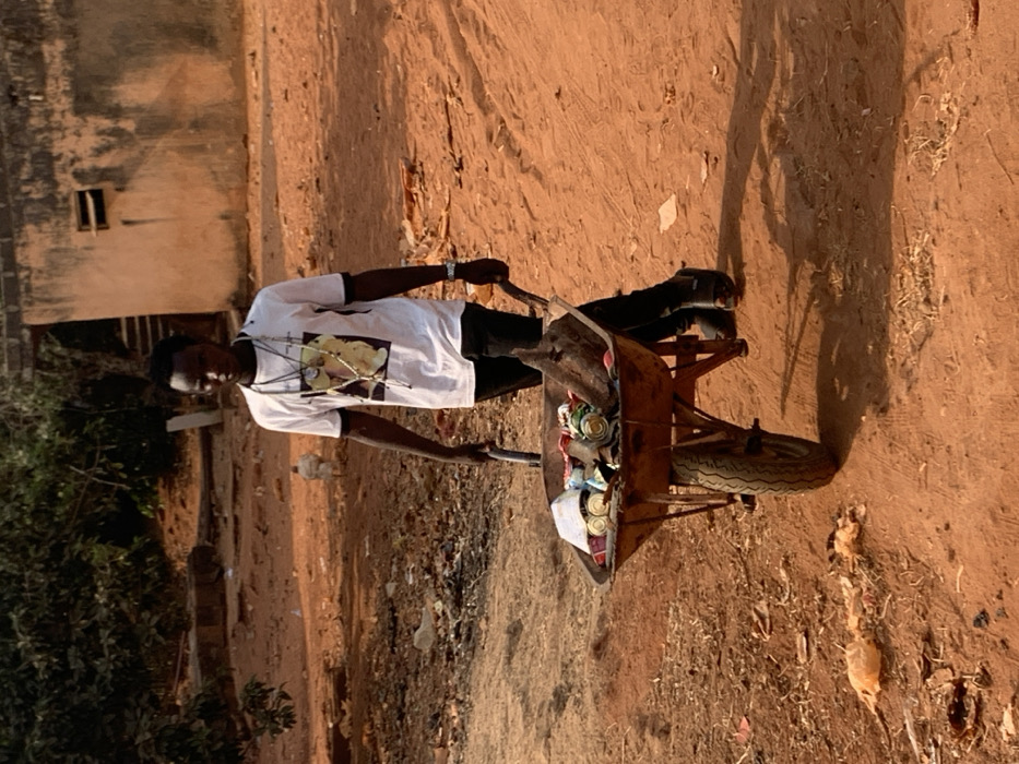 An image taken in Otuocha, Nigeria, depicts a young Black male pushing a single-wheeled, rusty metal wheelbarrow filled with assorted refuse. The male, positioned centrally, wears a white t-shirt with black trim and a graphic print, dark trousers, and dark open-toed sandals. Multiple beaded necklaces and pendants are visible around his neck, along with a silver-colored watch on his left wrist. He looks directly at the viewer with a neutral expression, gripping the wheelbarrow's handles.
The wheelbarrow contains various discarded items including crushed aluminum cans, plastic containers, pieces of wood, and a large, dark organic mass resembling an animal carcass or root. The scene unfolds on an unpaved, reddish-brown dirt path, characteristic of an undeveloped or semi-rural area. In the background to the right, a weathered, light brown block building with a small rectangular opening is visible. Sparse green vegetation and trees are present in the background to the left. A white bird, possibly a chicken, is visible on the ground in the middle distance near the building. The ground in the foreground shows scattered light-colored debris. The area is illuminated by bright daylight, casting short shadows.