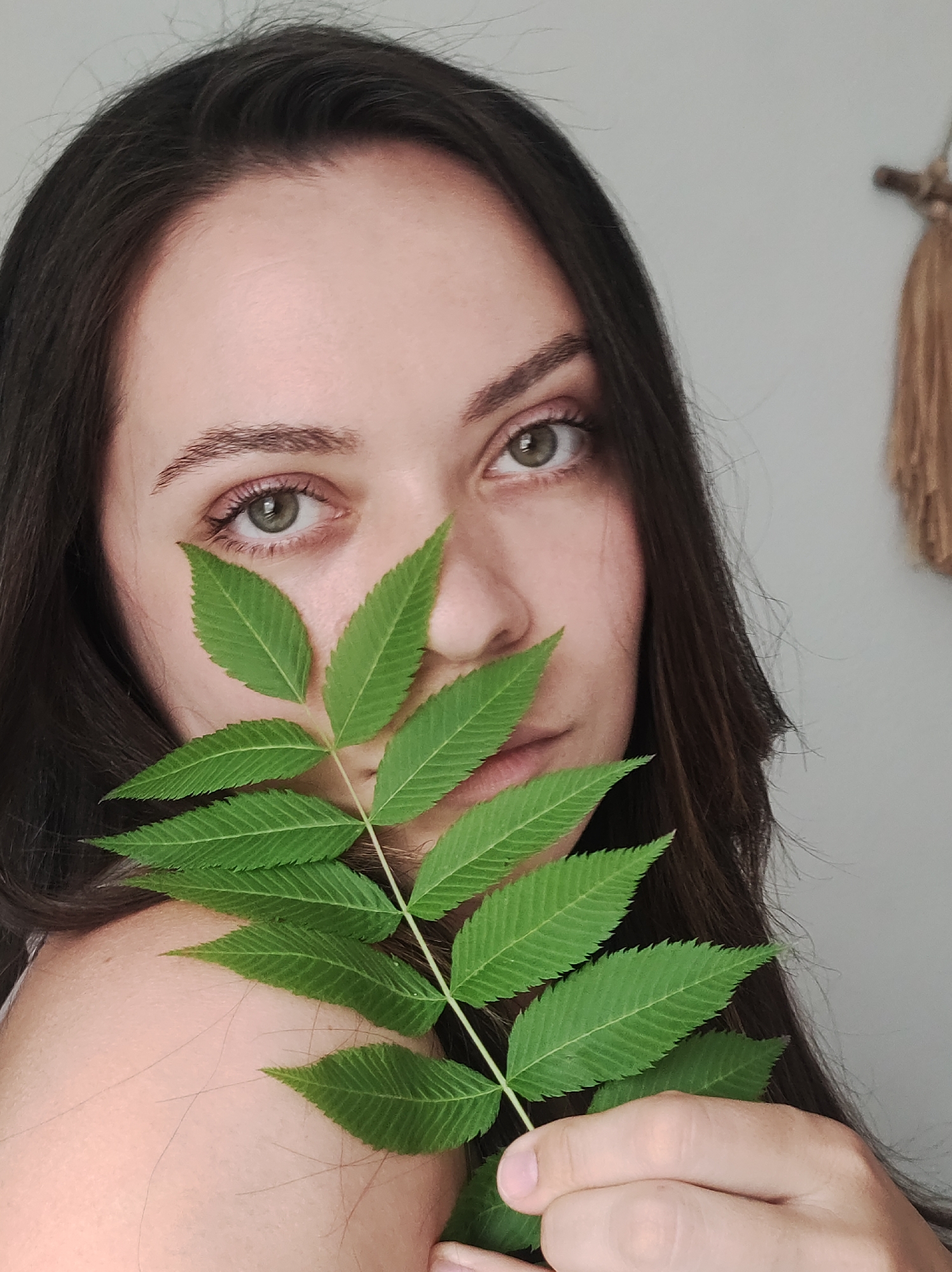 A young woman with long, dark brown hair holds a green, pinnately compound leaf in front of her face, partially obscuring her nose and mouth. Her skin is fair, and her eyes are a hazel or green color. She gazes directly at the camera. The background is a plain, light gray wall, with what appears to be a woven wall hanging partially visible in the upper right corner. The photograph appears to have been taken indoors in natural light. There is no information to confirm the location is in Chaikovsky, Russia.