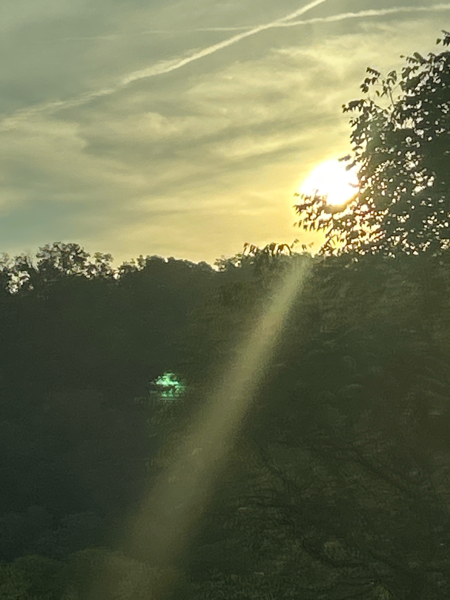 The image shows a sun setting over a heavily treed area, likely a park or wooded neighborhood in Collier Township, Pennsylvania. The sun is partially obscured by the leaves of a large tree in the foreground, casting a golden light across the sky, which has faint white contrails from an aircraft. In the distance, nestled within the dark green foliage of the trees, there is a small, brightly glowing green object. Its nature is unclear due to the distance and the lighting conditions, but it appears to be a small light source or reflective object. The overall atmosphere is hazy, with a strong sunbeam cutting diagonally across the image from right to left.