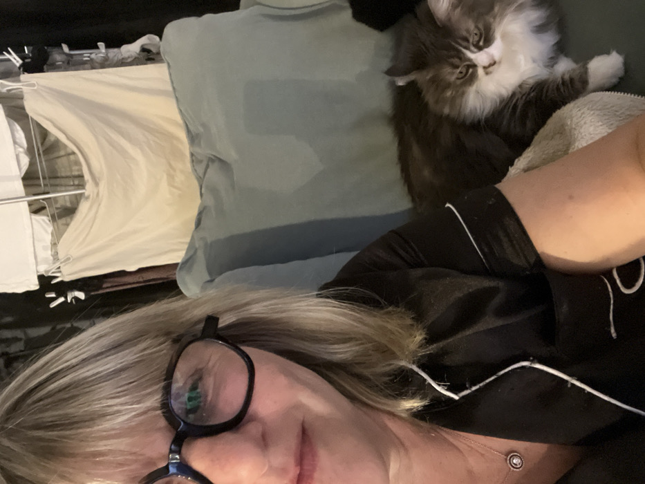 A selfie shows a woman with blonde hair and glasses, wearing a black pajama set with white piping, lying next to a fluffy, gray and white kitten. The kitten is looking at the camera with a curious expression. A pale blue pillow is positioned behind the kitten. A drying rack with what appears to be bedding is visible in the background to the left. A tan colored, soft blanket is also partially visible in the shot.