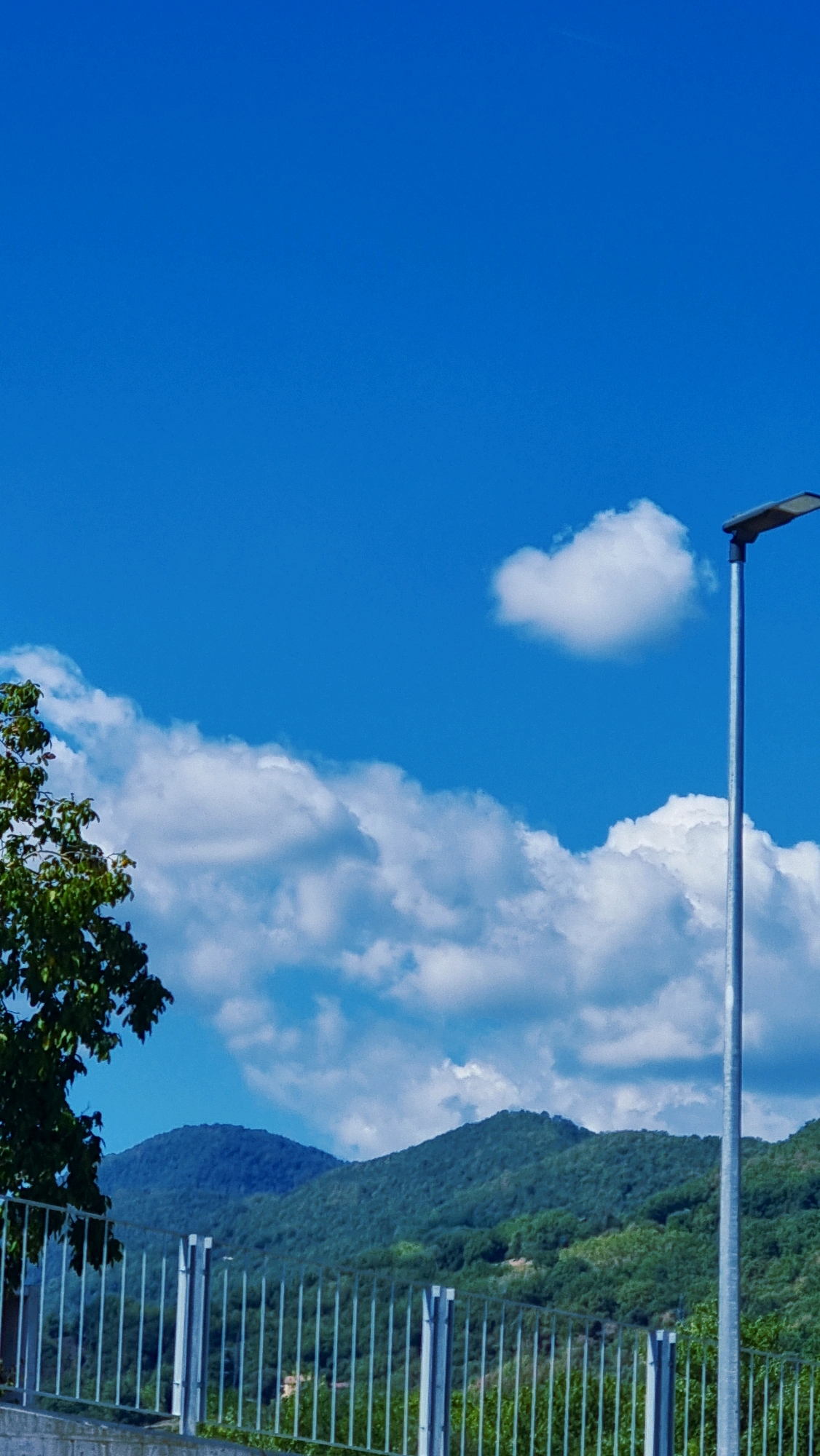 This is a vertical, eye-level, outdoor, full shot of a landscape with a bright blue sky and white clouds. In the foreground, a metal fence runs horizontally across the bottom of the frame. To the left, the dark green foliage of a tree is visible. A tall, slender, silver lamppost stands on the right side of the image. Behind the fence and tree, a chain of verdant, tree-covered hills and mountains stretches across the middle ground. The sky is mostly clear, with scattered cumulus clouds. The image appears to have been taken on a sunny day. The specific location in Olot, Spain, cannot be determined from the visual information alone.