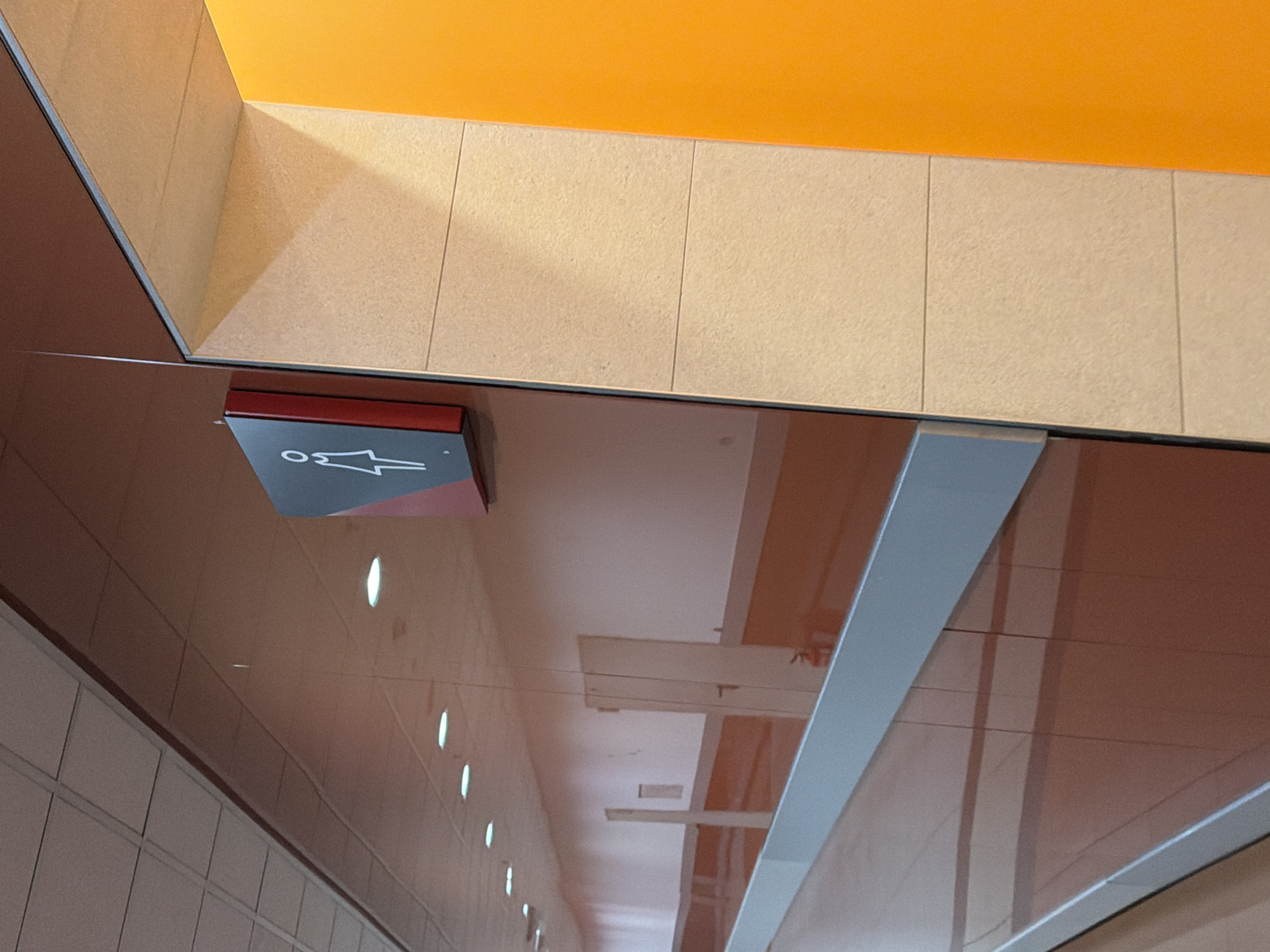 The image depicts a section of a modern corridor, likely in a public building such as a mall or an airport, in Sofia, Bulgaria. On the left side of the image, a glossy, reddish-brown wall extends into the distance, reflecting the environment. A grey horizontal strip runs along the lower half of this wall. Suspended from the ceiling, which is composed of white square tiles, are several oval lights.
The focal point on the right is a sign for a women's restroom, featuring a white female symbol on a black square background with a red frame. Adjacent to the sign is a wall clad in light beige textured panels, horizontally segmented by thin lines. To the far right, a vibrant orange wall creates a strong visual contrast. In the background, a white door with a horizontal handle is visible, suggesting an interior room. The overall impression is one of clean, contemporary design.