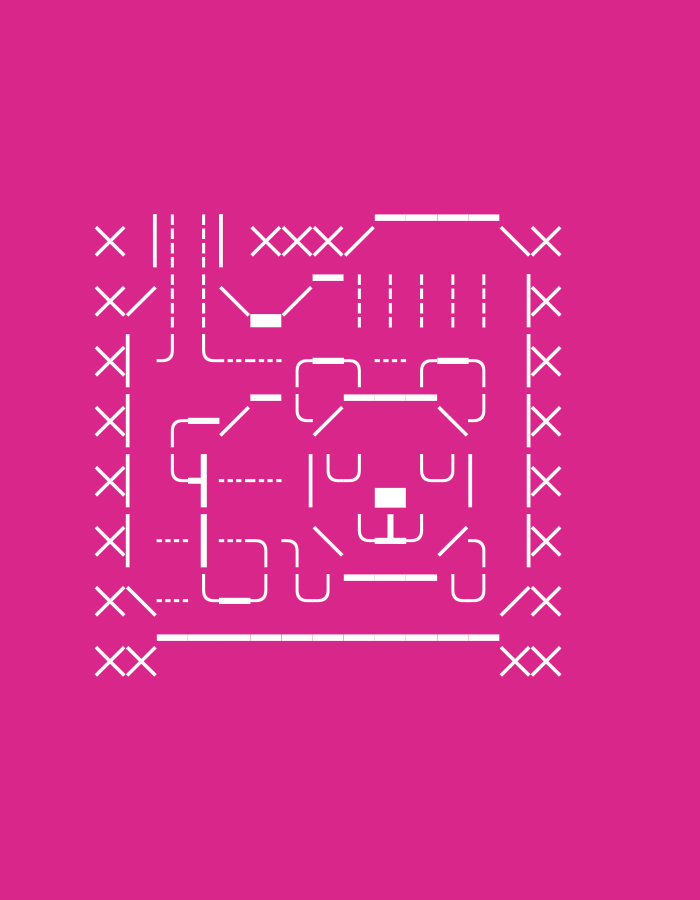 This media file is an illustration on a bright pink background. The illustration is composed of white lines and shapes, creating a stylized representation of a teddy bear's face within a stitched border. The border is formed by vertical lines of "x" symbols on the left and right edges, and a horizontal line of "x" symbols at the bottom. The top border is a series of lines and dashes.
The teddy bear's face features two "U" shapes for ears, an inverted "U" shape for the mouth with a small horizontal rectangle in the center, and two small squares for eyes. Dashed lines and other geometric shapes complete the facial features and outline the head. The overall style is minimalist and geometric, resembling pixel art or a schematic diagram. There is no discernible time of day, weather, specific location cues, or emotions beyond the neutral, abstract representation of a toy. No text is visible within the illustration or on the background.