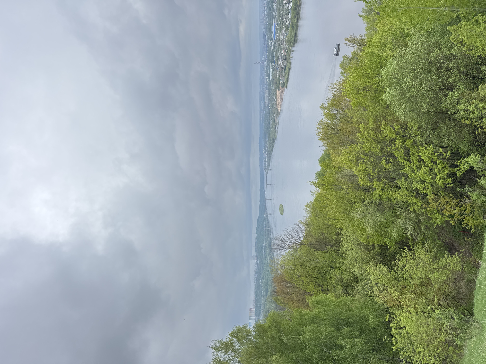 This is an outdoor shot, taken in an overcast day, looking out over a large river. The foreground is filled with green trees. Beyond the trees, the river stretches into the distance, with a bridge spanning it. On the far side of the river, there is a cityscape. A single ship can be seen on the river. The location is likely Nizhny Novgorod, Russia, based on the urban layout and river features.