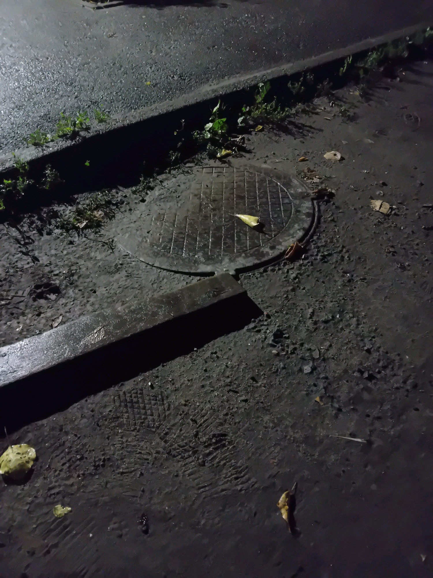 The image depicts a dimly lit, wet outdoor scene, likely a street or sidewalk in Chuhuiv, Ukraine, given the context. The ground is dark and appears to be asphalt or concrete, with puddles and damp patches indicating recent rain.
Dominating the center of the frame is a circular metal manhole cover, textured with a grid pattern. To the left of the manhole, a portion of a sidewalk or curb is visible, marked by a raised, dark, rectangular object casting a shadow. Scattered across the ground are several fallen leaves, some yellow and brown, adding to the damp and somewhat unkempt appearance of the environment. There are also some patches of green vegetation growing near the curb.
A distinct tire tread impression is visible on the wet surface in the lower left quadrant of the image. The overall lighting suggests it is nighttime or very early morning, with artificial light creating shadows and highlighting the wetness of the surfaces. There are no people or animals clearly visible in the scene. The scene is devoid of any obvious signs of recent activity, other than the tire track and the presence of leaves.