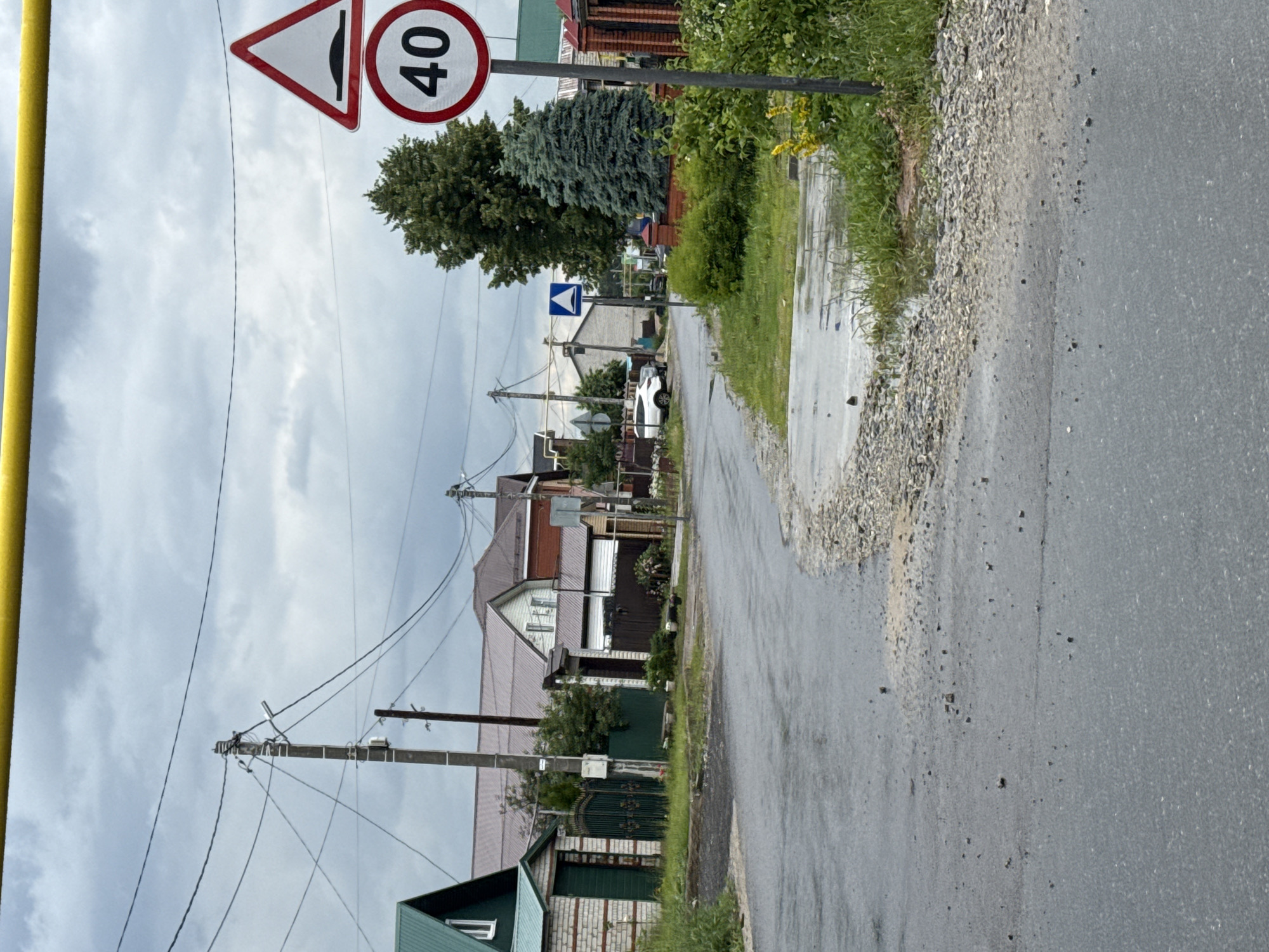 The image depicts a street scene in Kazan, Russia, on an overcast day. The camera is angled vertically, giving a distorted perspective of the environment.
In the foreground, a wet asphalt road is visible, with puddles and gravel along the roadside. To the left, a yellow pole stands prominently, and further back, power lines crisscross the sky, supported by utility poles. A speed limit sign displaying "40" within a red circle and a triangular warning sign indicating a speed bump are also visible.
The background features a residential area with houses of varying architectural styles, some with pitched roofs and wooden elements. Green foliage and trees are interspersed throughout the scene, adding to the rural or suburban feel. A white car is parked on the side of the road.
The weather appears to be cloudy and possibly rainy, judging by the wet road surface and the overcast sky. The overall mood is subdued, characteristic of a cloudy day. There are no people visible in the image. The visible text includes the number "40" on a traffic sign.