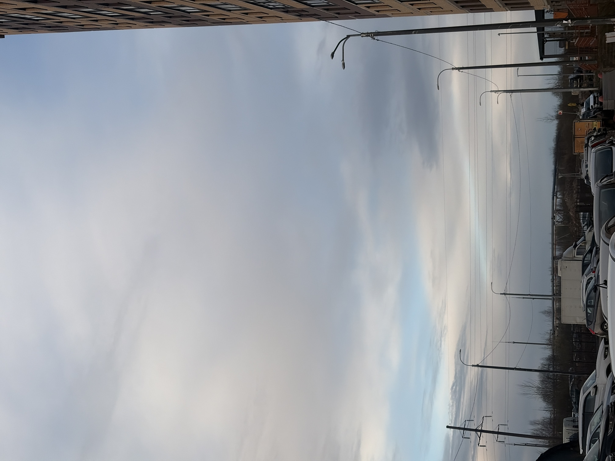 The photograph shows a view of a street in Saint Petersburg, Russia. A tall residential building is visible at the top of the frame. The sky is overcast. A row of street lamps runs along the right side of the image. Multiple cars are parked next to each other. Power lines run alongside the street lamps. Trees are visible in the background behind the cars.