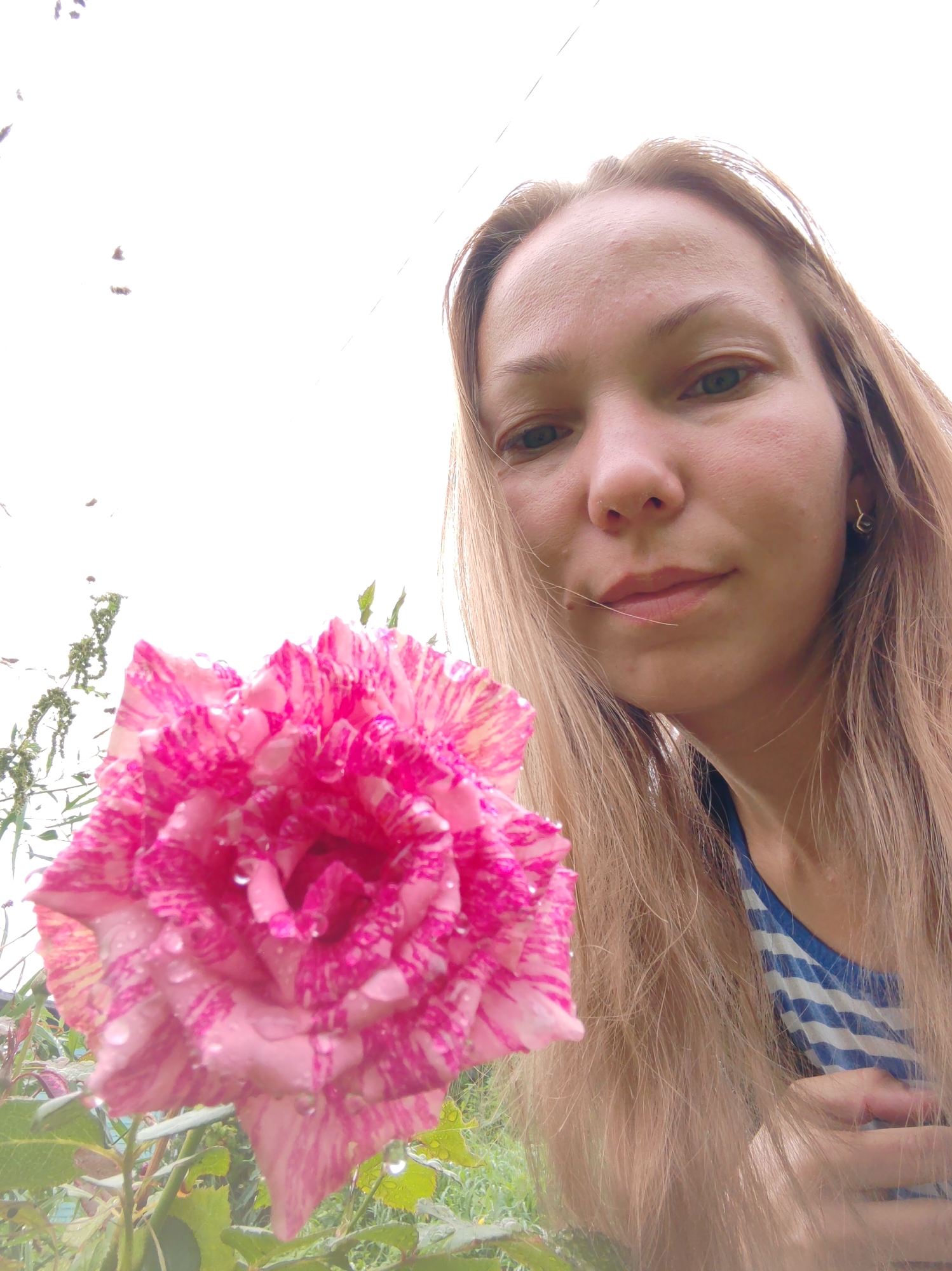 A low-angle, close-up selfie shows a woman with long, blonde hair and light skin, wearing a blue and white striped tank top. Her face is partially visible, with her eyes looking slightly downward. She is positioned to the right of the frame, leaning in towards a large, pink and white striped rose with water droplets on its petals. The rose is in the foreground and occupies the left side of the image. The background is out of focus and appears to be an outdoor setting with greenery and a bright, overcast sky. There are thin, dark, indistinct shapes in the upper left quadrant of the sky. The overall scene suggests a casual outdoor moment, possibly in a garden, in Чухлэм, Russia.