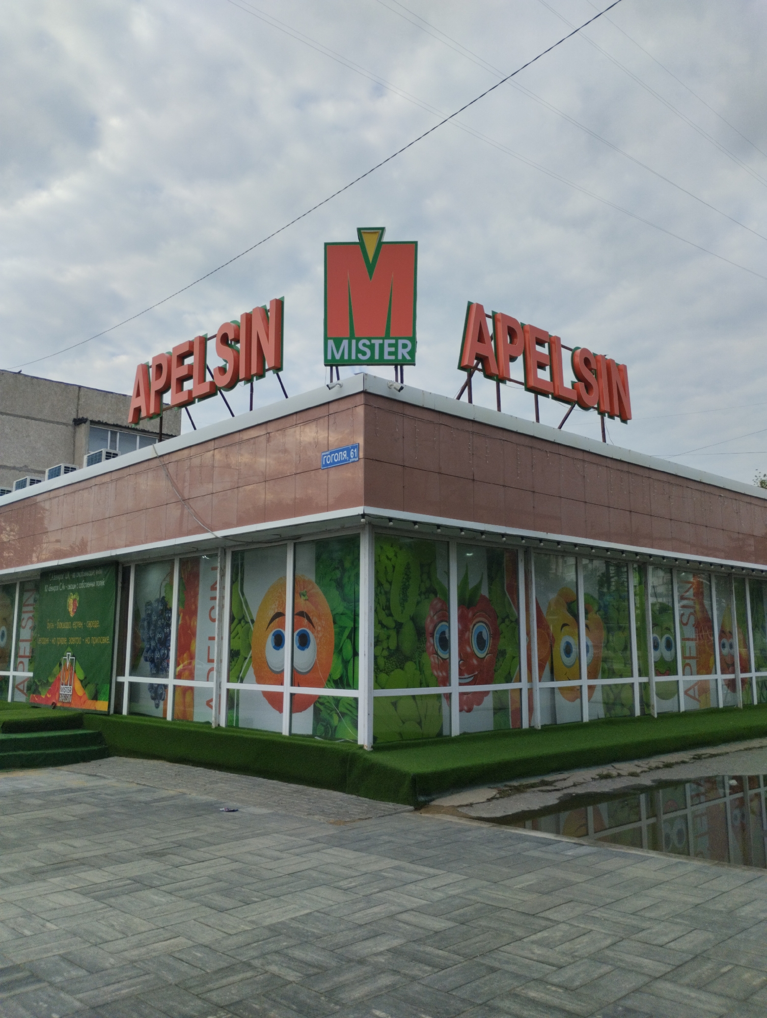 A wide-angle, eye-level, outdoor photograph captures the facade of a grocery store named "APELSIN" with a prominent "MISTER APELSIN" logo. The store is situated in the city of Kostanay, Kazakhstan. The building features a reddish-brown tiled exterior and large glass windows adorned with colorful graphics of fruits and vegetables, some anthropomorphized with cartoonish faces. One such graphic depicts a large orange with wide blue eyes. Green artificial turf lines the base of the building. In front of the store, a paved walkway and a small puddle of water reflect the store's windows and the cloudy sky. The sky is overcast with visible power lines overhead. The store is located at Gogolya, 61.