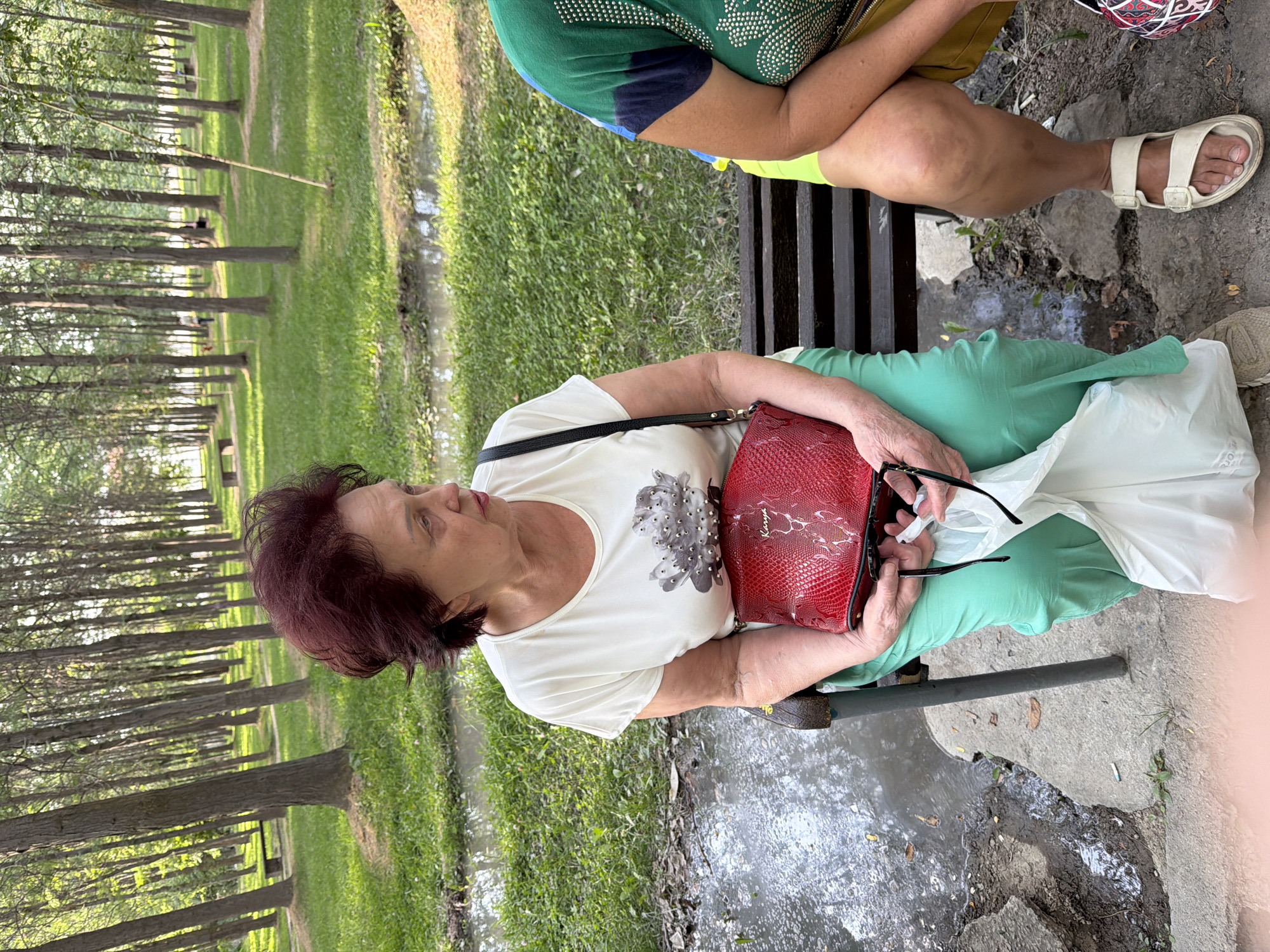 Two women are seated on a wooden park bench in a wooded area. The woman on the left, with short, dark red hair, wears a white t-shirt with a floral design and green pants. She holds a red, textured purse on her lap and a pair of black-rimmed glasses with a white bag in her hands. The woman on the right, partially visible, wears a green t-shirt with beaded embellishments and yellow shorts. She has white sandals on her feet. The background features a dense forest with tall trees, lush green grass, and a small, shallow stream or ditch. Several wooden benches are visible further back in the park. The ground near the bench is uneven and appears to be a mix of dirt, concrete, and muddy patches. The overall lighting suggests it is daytime.
