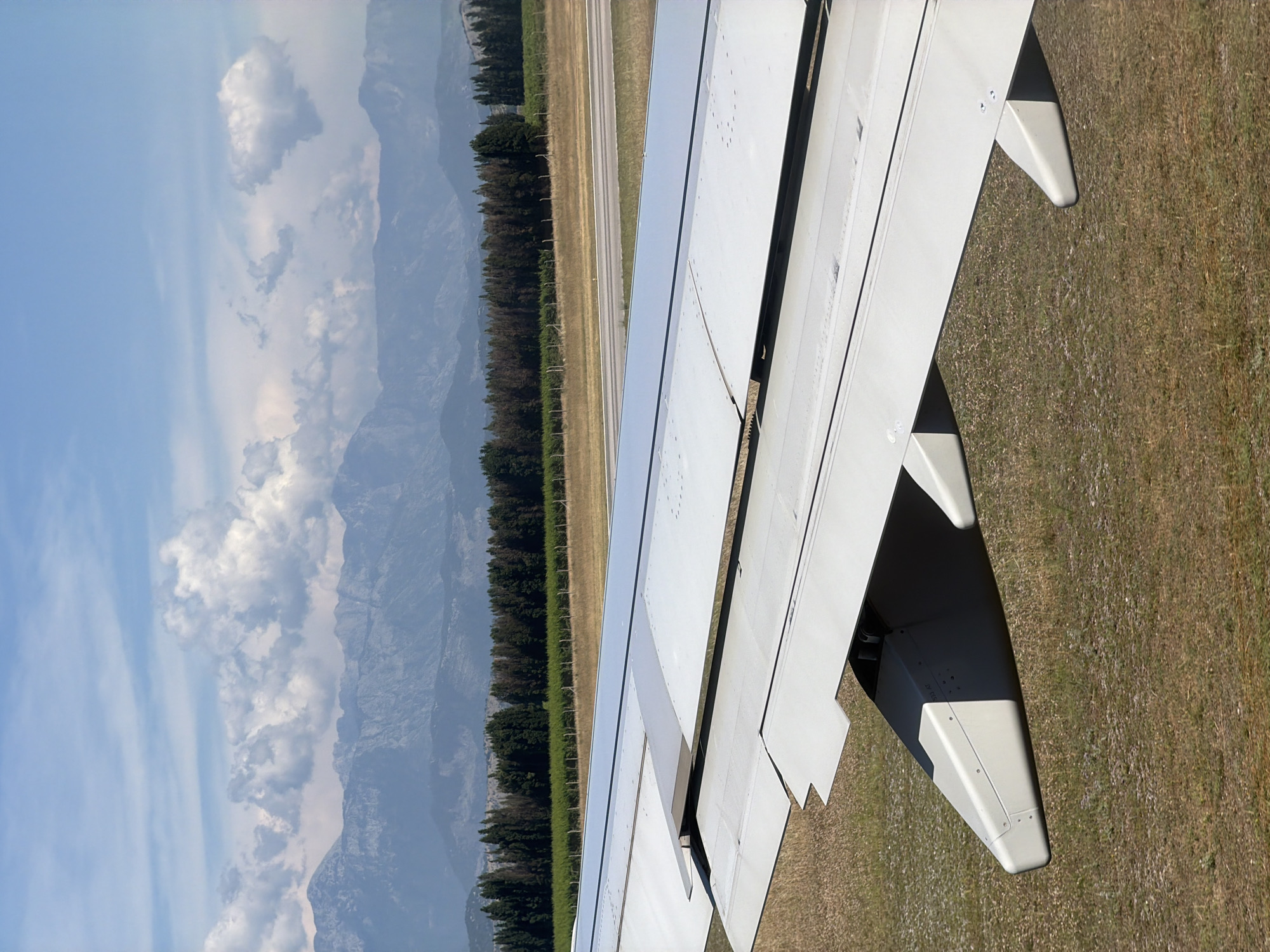A close-up, low-angle shot from an airplane window shows the wing and fuselage extending forward and slightly down. The wing is a light gray color with visible rivets and panels. In the background, a tree line of dark green conifers separates a dry, yellow-brown grassy field from a vineyard with green rows. Beyond the trees, a hazy range of blue-gray mountains stretches across the horizon under a bright sky with scattered white clouds. The scene appears to be a daytime aerial view of the landscape near Donja Cijevna, Montenegro, possibly during takeoff or landing, given the position of the wing flaps.