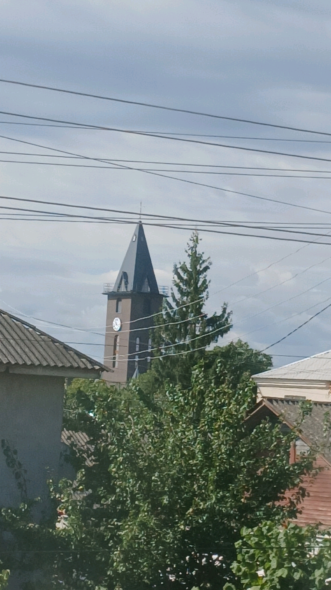 The image captures a view of a church tower with a clock, nestled amidst trees and partially obscured by electrical wires. The tower is made of brick and has a dark, pointed roof. A large evergreen tree stands to the right of the tower, and the foliage of deciduous trees fills the foreground. In the lower left and right corners, parts of residential buildings are visible, with tiled roofs. The sky is overcast with a greyish hue. The scene suggests a partially urban or suburban setting in Haivoron, Ukraine. There are no people visible in the image.