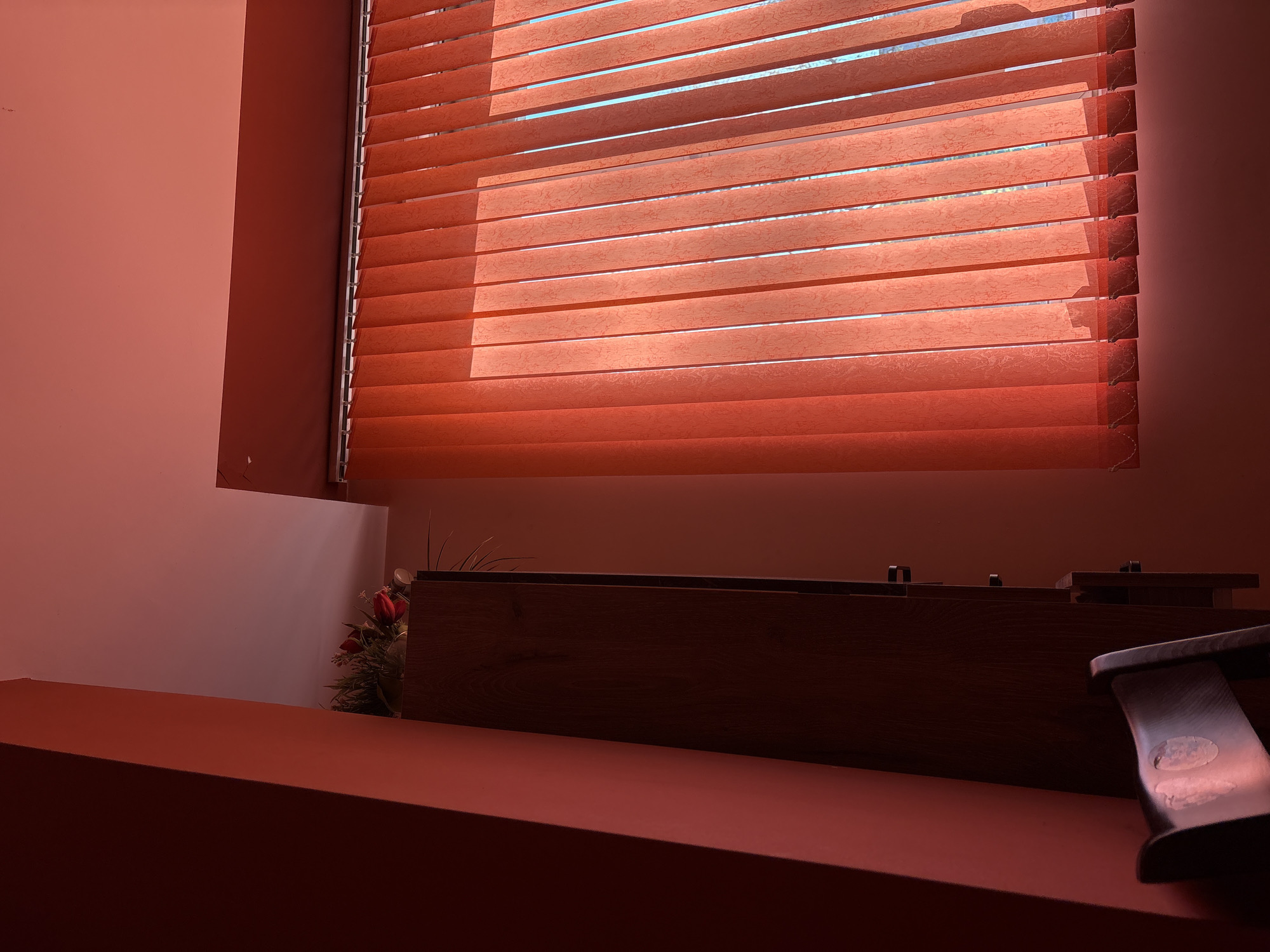 A close-up interior shot shows closed orange blinds on a window, casting an orange hue over the scene. Below the window is a dark wooden ledge or shelf with several small objects on top. In the lower right corner, a dark curved object is visible. To the left of the shelf, a small, dark arrangement of flowers and foliage can be seen. The walls are painted a similar shade of orange. The location cannot be determined from the image, and there is no indication this is located in Panagyurishte, Bulgaria. There is no indication that any people are present in the image.
