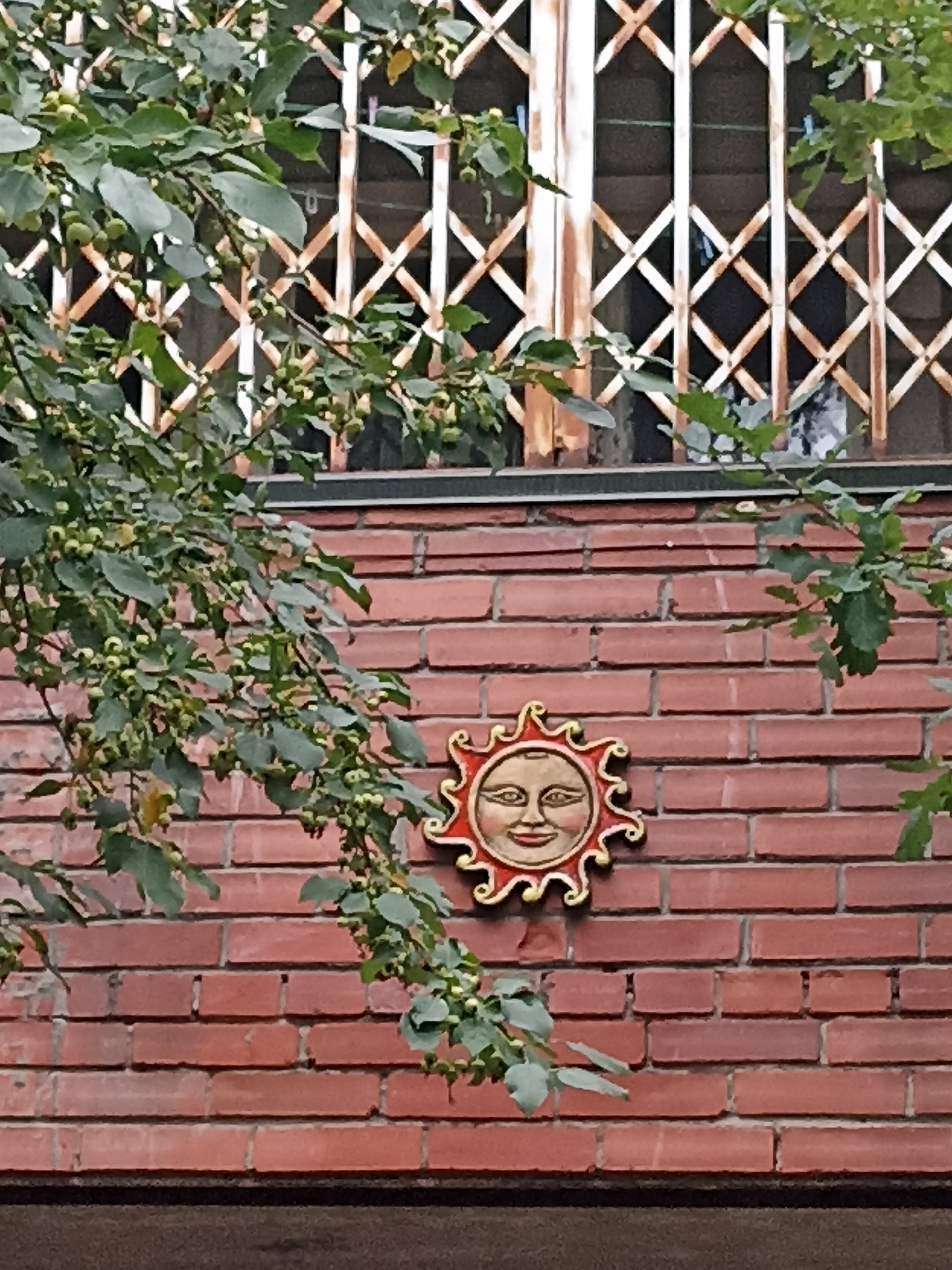 A decorative sun face sculpture is mounted on a brick wall in an outdoor setting. The sun face has a red border with yellow wavy rays and a human-like face with eyes, a nose, and a smiling mouth. In the foreground, a tree with green leaves and small green fruits partially obscures the wall and the sculpture. Behind the wall, a rusty metal gate with a diamond pattern is visible. The wall is constructed of red bricks. The scene appears to be in a city, with indications of urban infrastructure such as the gate.