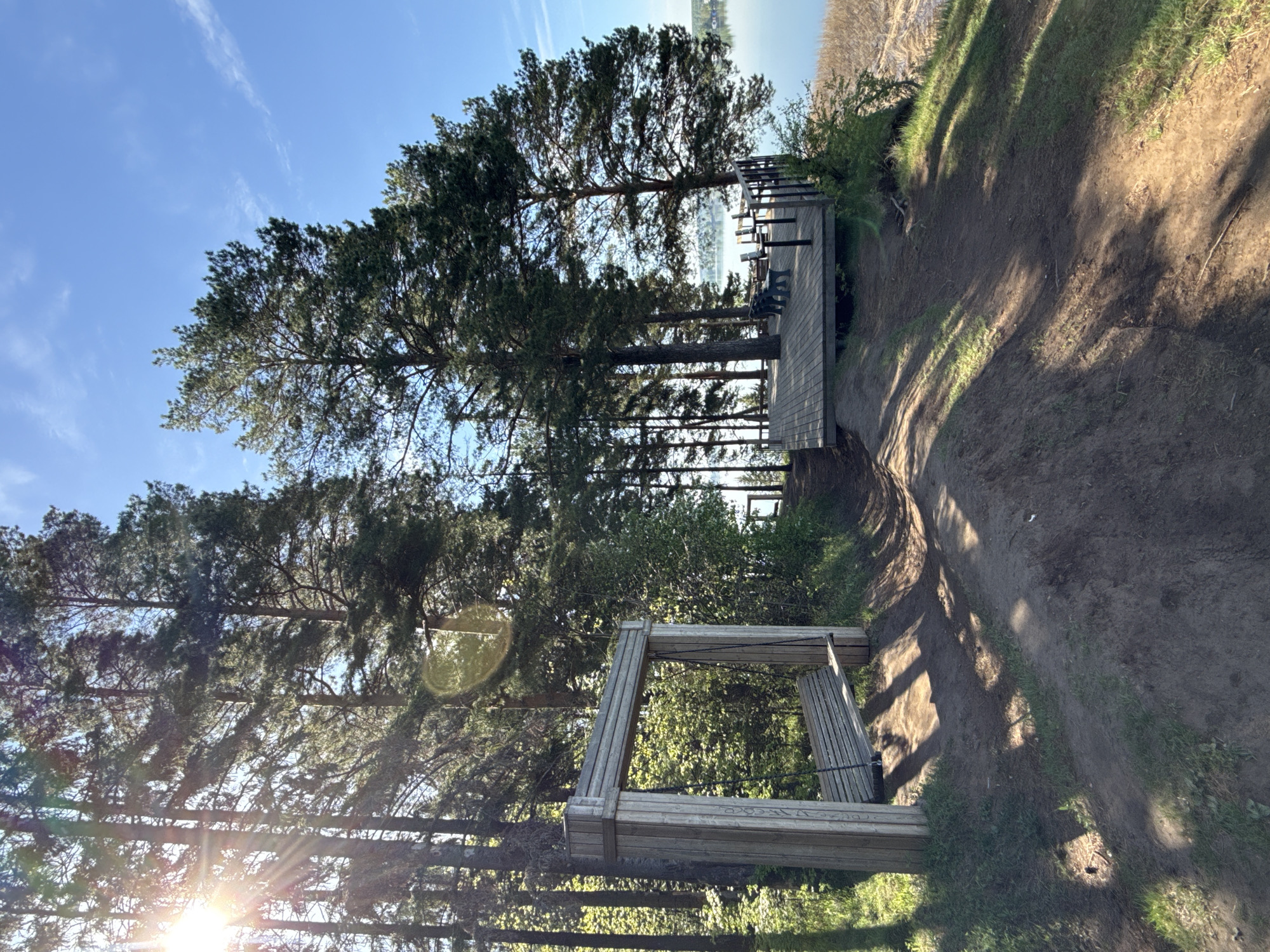 The image depicts a scenic view near a waterfront location, possibly in Votkinsk, Russia, though specific landmarks confirming this are absent. The foreground features a wooden frame or structure, likely part of a viewing point or interactive art installation. Behind this, a cluster of tall pine trees obscures the view. A wooden viewing platform with benches extends towards the water. The sky is clear and blue, with a bright sun causing lens flare. A dirt path winds along the edge of the scene. The overall impression is one of a natural, peaceful outdoor space designed for recreation. There are no visible people.