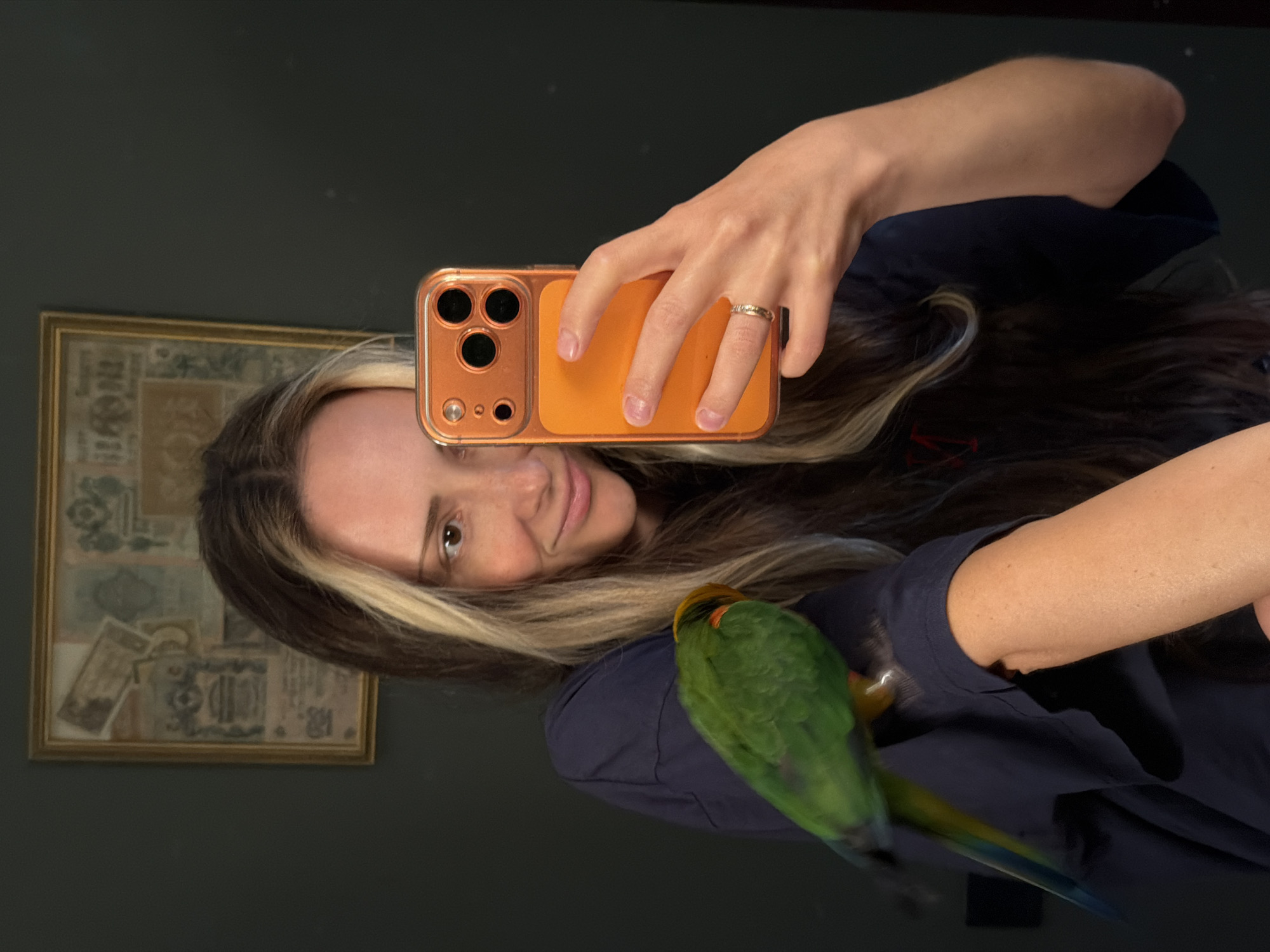 A woman with long, dark brown hair with blonde highlights is taking a mirror selfie. She is wearing a dark navy t-shirt. A small green parrot with an orange head is perched on her left shoulder. The woman is holding an orange iPhone in her right hand, which is capturing the reflection. She is wearing a ring on her left hand. In the background, a framed artwork with what appears to be old currency is hanging on a dark green wall. The image is taken indoors, with the setting being consistent with an apartment in Khimki, Russia.