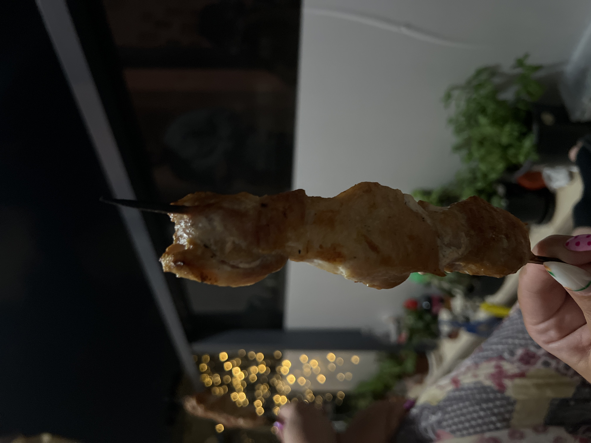 A hand holding a skewer of cooked meat. The background shows a blurred interior, possibly a home, with indistinct furniture and plants. There are blurred lights, suggesting an evening setting. The location in Kiryat Bialik, Israel, cannot be confirmed from the image. No specific people or actions can be identified beyond the hand holding the food.