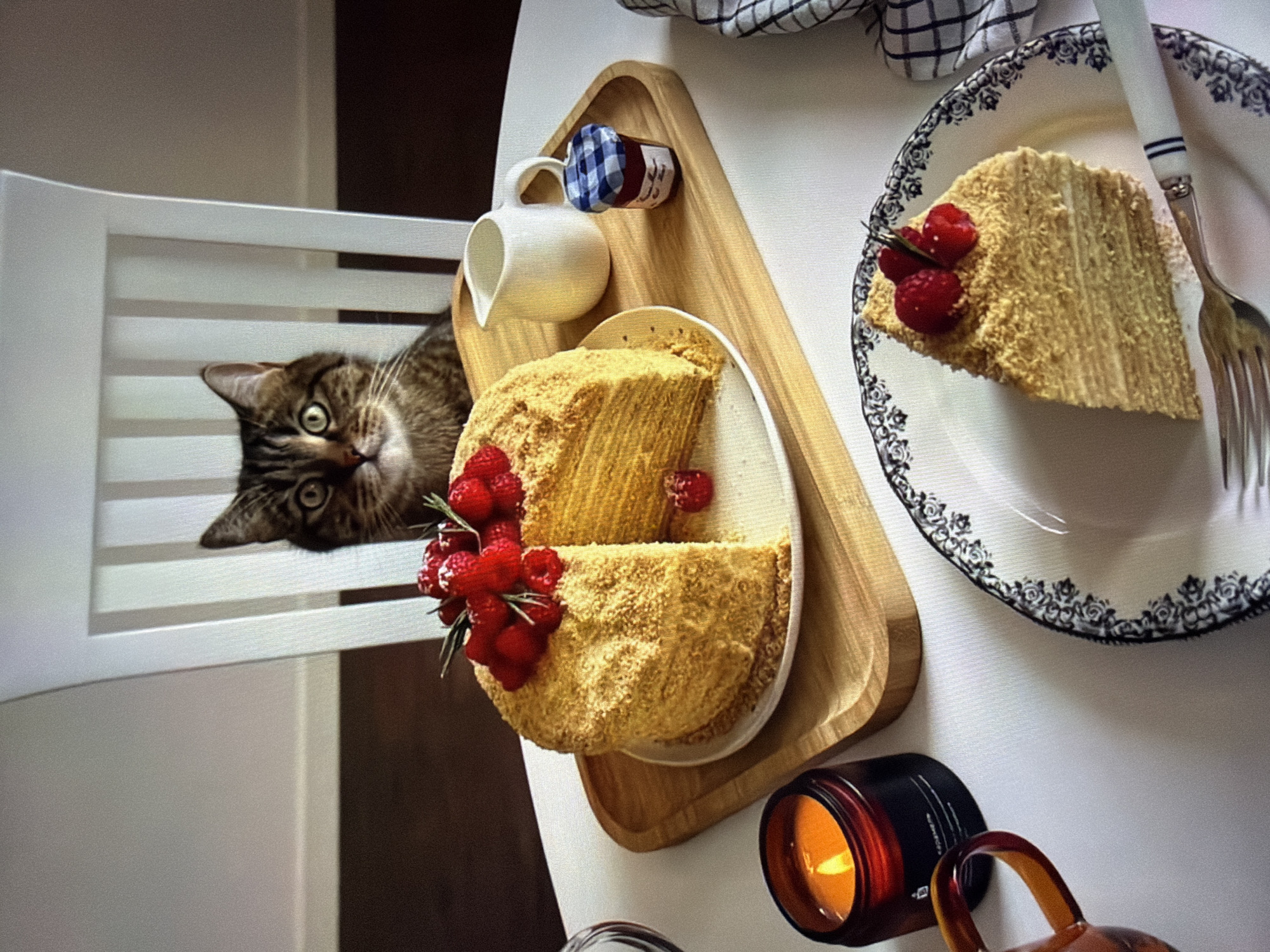 An indoor scene captures a curious tabby cat peeking from behind a white slatted chair, observing a dessert spread on a white surface. The cat, with wide, attentive eyes, gazes towards a beautifully presented multi-layered cake.
The main subject of the dessert is a large, round cake, likely a honey cake (Medovik), characterized by its numerous thin layers and crumbly coating. It is generously garnished with fresh red raspberries and small sprigs of rosemary, adding a vibrant touch. This cake rests on a white plate, which is placed on a light-colored, oval wooden serving tray.
Beside the main cake on the tray, there's a small white ceramic pitcher and a tiny jar with a blue and white checkered lid, suggesting jam or preserves. A slice of the same layered cake sits on a separate ornate white plate with a black floral rim, positioned to the right of the main cake. A silver fork with a white handle and blue stripes rests on this plate, indicating it's ready to be eaten.
Below the wooden tray, a lit candle in a dark amber glass jar casts a warm, soft glow, adding to the cozy ambiance. Part of an amber-colored glass or mug is visible next to the candle. In the upper right corner, a white and dark checkered cloth is partially seen. The overall setting suggests a comfortable, domestic environment, possibly in Ros Na Rí, Ireland. The cat's intense focus on the cake adds a touch of playful charm to the image. No clear text is legible on any of the items.