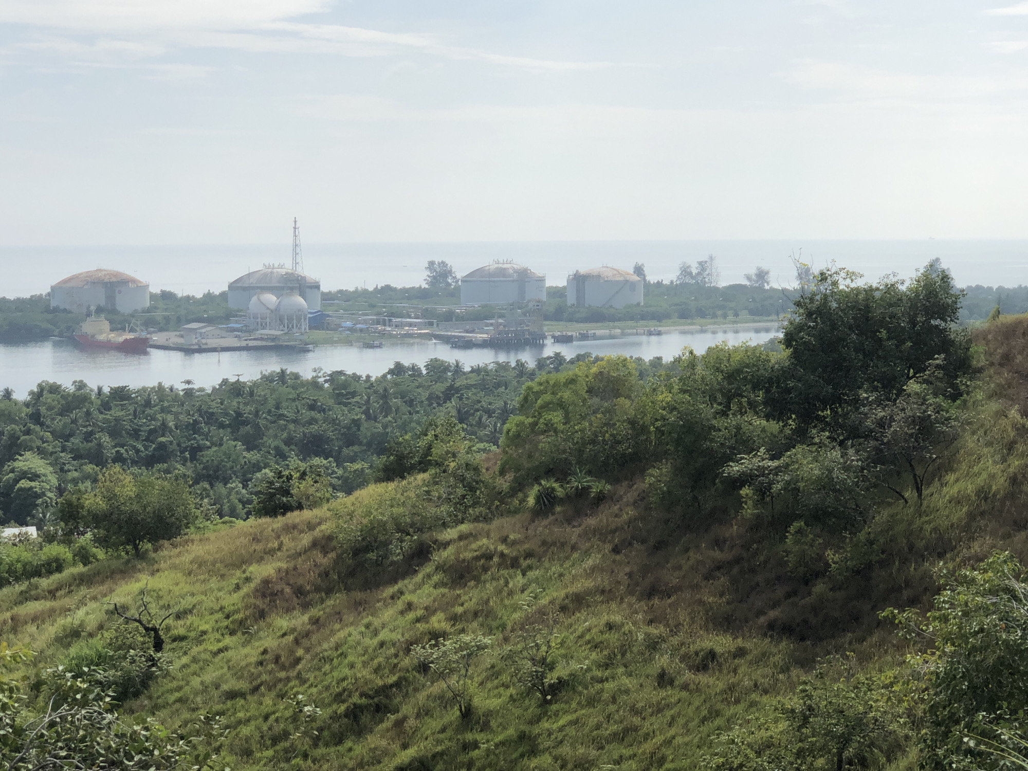 An aerial landscape view captures the Arun LNG Terminal in Lhokseumawe, Indonesia, under a hazy sky. In the foreground, a lush, grassy hillside slopes downwards, dotted with scattered trees and shrubs. Beyond the hill, a body of calm water reflects the overcast sky. Across the water, the industrial site of the Arun LNG Terminal is visible, featuring several large, cylindrical storage tanks, some with dome-shaped roofs, and smaller, connected structures. A red cargo ship is docked near the terminal. The background is a mix of dense, green foliage and the serene expanse of the ocean meeting the horizon.