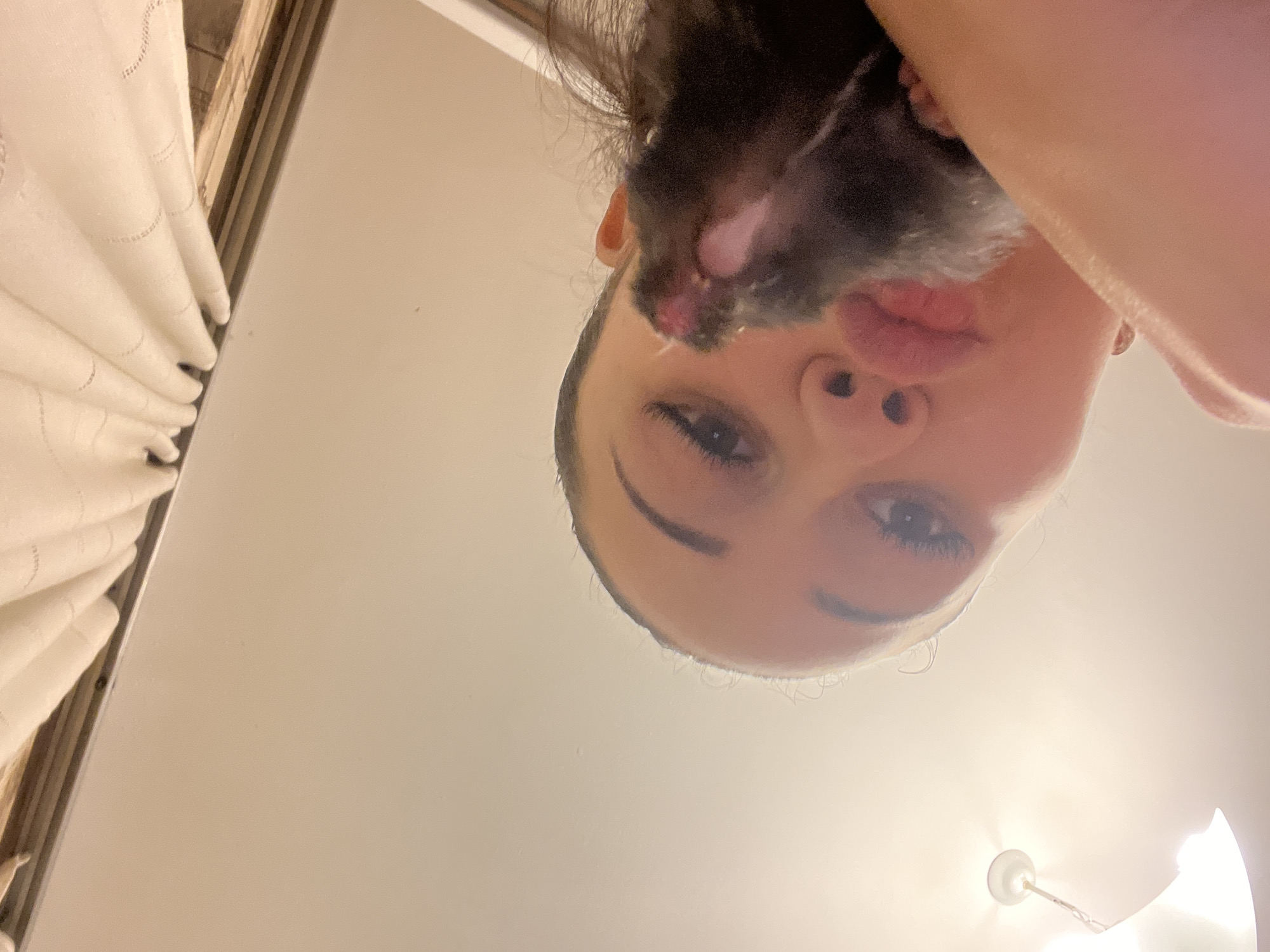 An extreme close-up, low-angle shot captures a young person and a small rodent, possibly a hamster. The person's face, predominantly their lips and nose, fills the lower portion of the frame, tilted upwards. Their lips are slightly parted, with visible lip gloss. To the right, the rodent is partially visible, with its snout and a pinkish appendage, possibly a paw, reaching towards the person's lips. The rodent has dark fur. The background consists of a plain, off-white ceiling with a light fixture hanging from it on the left. White curtains with a textured pattern are visible at the top of the frame, suggesting an indoor setting. The lighting is warm and slightly diffused.
