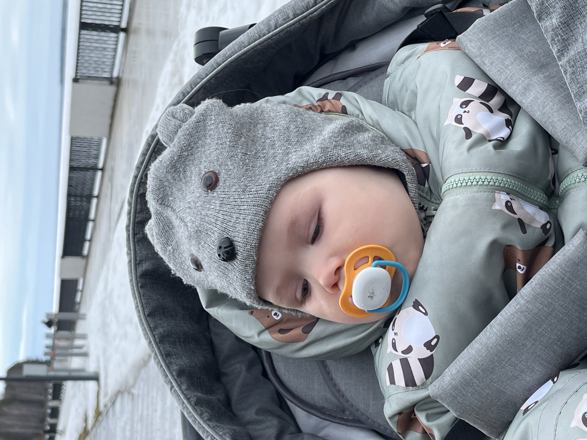 A baby is lying in a stroller. The baby is wearing a gray hat with button eyes and a green outfit with animal designs. The baby has a pacifier in its mouth. The stroller appears to be outdoors on a paved surface, possibly a sidewalk. In the background, there is a building. Based on the metadata, this scene is likely in the city of Chaikovsky, Russia.