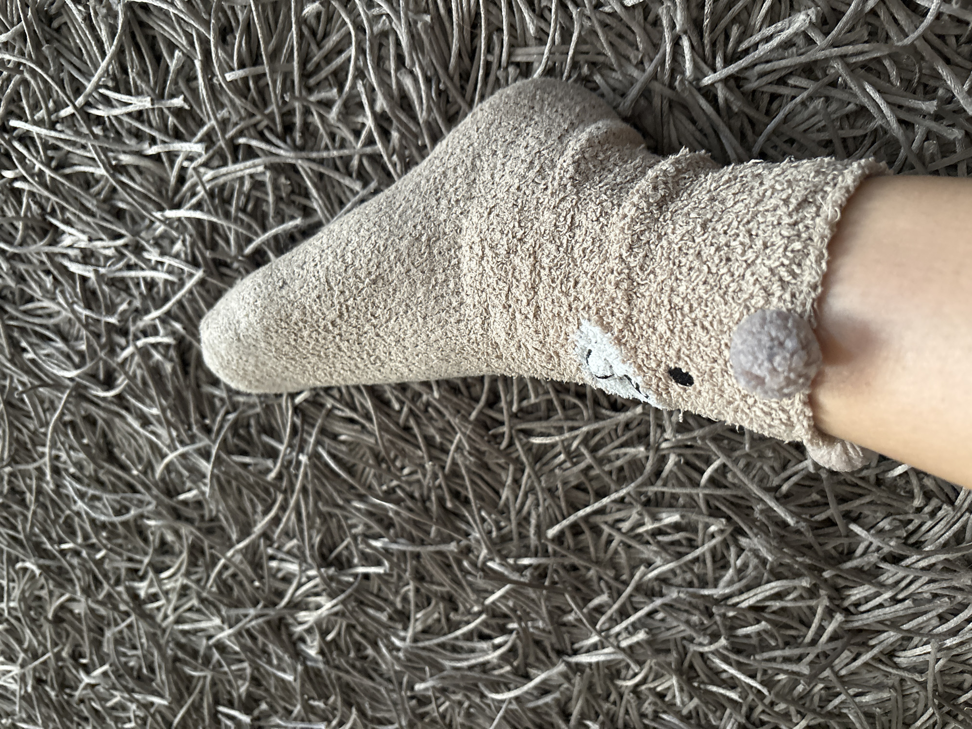 A close-up, top-down shot shows a person's foot wearing a beige, fuzzy sock with a small gray pom-pom and embroidered animal face details, resting on a gray shag carpet. The carpet's texture is prominent, with individual strands clearly visible. The location is unknown and cannot be determined from the image. Budva, Montenegro cannot be confirmed as the location.