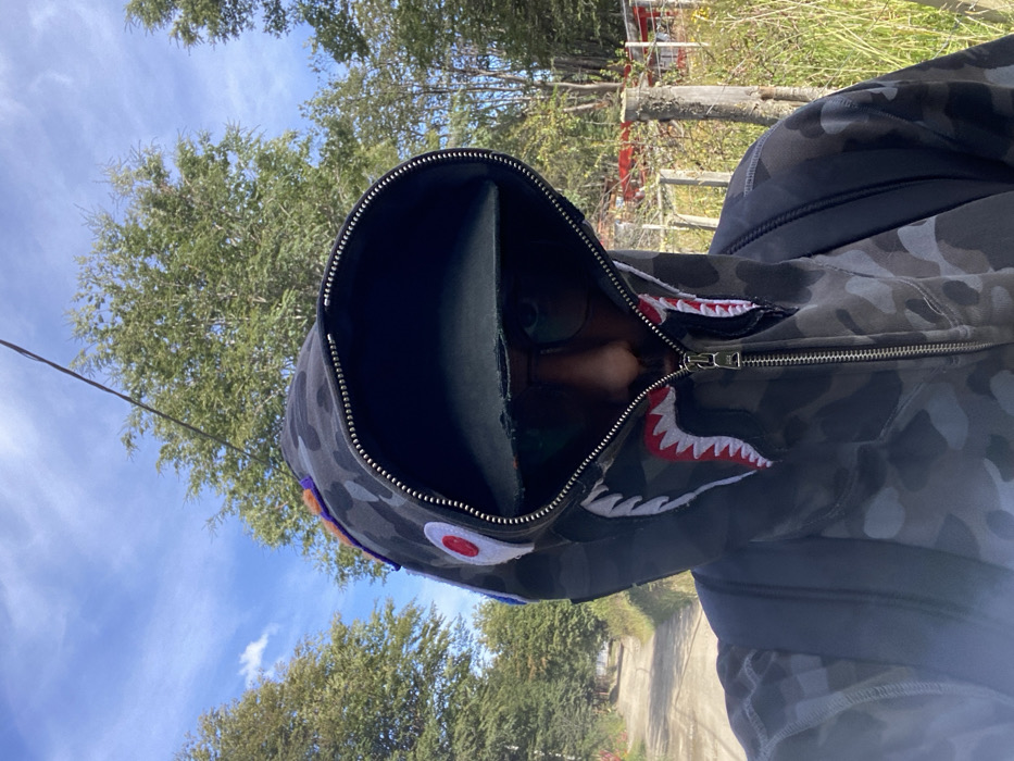 The image captures a close-up, upward-looking perspective of a person wearing a distinctive full-zip hoodie, taken outdoors during what appears to be daytime. The image is oriented sideways, with the person's head tilted significantly to the left relative to the ground.
The central subject is a person whose face is almost entirely obscured by the fully zipped-up hood of their jacket. The hoodie features a camouflage pattern primarily in shades of grey, black, and dark green. It is a "shark hoodie" design, characteristic of the brand BAPE (A Bathing Ape). Key features of this design are visible:
* **Zipper:** A silver-colored zipper extends all the way up the front of the hood, creating a narrow opening through which a small portion of the person's lower face (nose, mouth, and chin) is visible.
* **Shark Teeth:** White, triangular "shark teeth" with red gum lines are stitched along the edges of the zipper opening on both sides.
* **Shark Eye:** A circular patch resembling a shark's eye is visible on the left side of the hood (which would be the wearer's right side). It consists of a white outer circle, a red inner circle, and a black pupil.
* **Other Details:** Small accents of purple and orange fabric are visible near the left edge of the hood, likely part of additional design elements.
* **Inside the Hood:** Within the zipped hood opening, the person appears to be wearing sunglasses, indicated by dark lenses. Above the sunglasses, a flat, dark surface, possibly the brim of a cap or the interior lining of the hood, is visible.
The background shows a bright outdoor setting. A clear, blue sky with a few scattered white clouds occupies the upper and left portions of the image. Lush green trees with dense foliage are prominent, indicating a natural or park-like environment. On the right side of the image, behind the person's shoulder, a dirt or gravel path or road is visible, alongside what appears to be a rustic wooden fence or barrier further in the distance, with hints of red structures beyond it. A thin, dark utility wire or cable stretches diagonally across the upper left quadrant of the sky.
The strong sunlight and clear sky suggest the photo was taken during mid-day. No specific emotions are discernible due to the obscured face, and there is no visible text in the image.