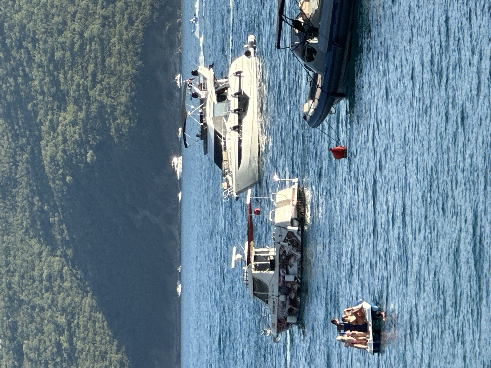 The image depicts a sunny day at sea, likely near Budva, Montenegro, with several boats on the water. In the foreground, a dark-colored inflatable boat with a black canopy is moored with a red buoy nearby. To the left, a small, flat raft carries five individuals, appearing to be sunbathing or relaxing. Further out, a white boat with a distinctive camouflage-like pattern on its hull is moving. Behind it, a larger, white luxury yacht with multiple decks and passengers is anchored. In the distance, more boats, including jet skis, are visible, and a lush green, tree-covered hillside forms the backdrop. The water is a clear blue, with gentle waves.