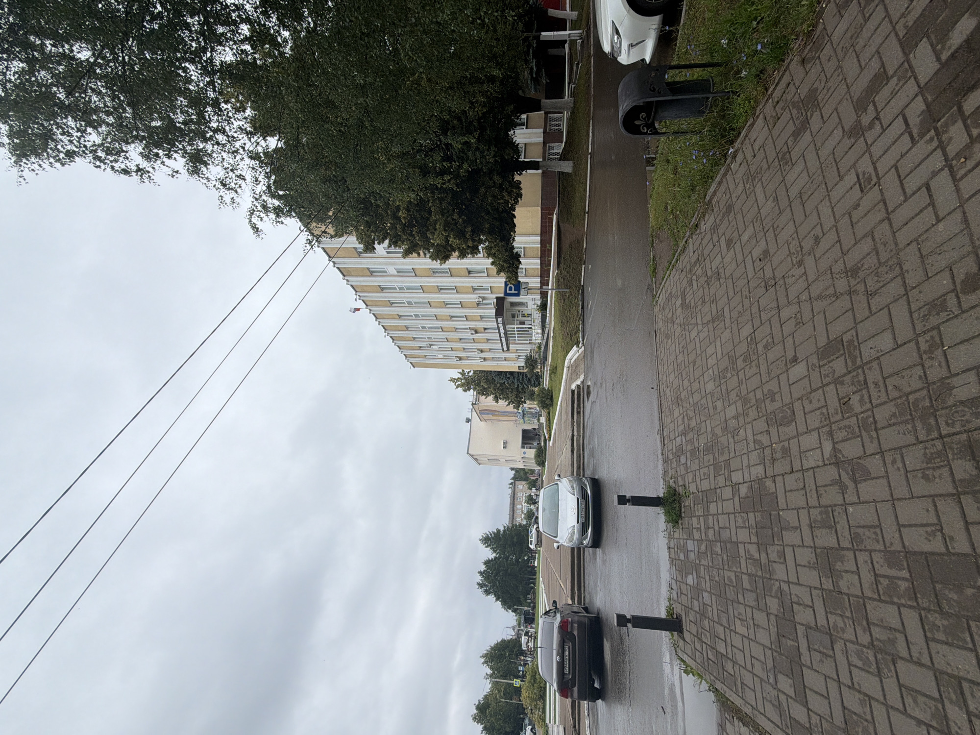 The image depicts a cloudy day in the city of Chaikovsky, Russia. In the foreground, a brick-paved walkway leads towards a street wet from recent rain. Two dark bollards stand on the edge of the walkway. Beyond the walkway, two cars are parked on the wet street: a dark sedan on the left and a silver sedan on the right.
In the mid-ground, across the street, is a large, multi-story building with a light yellow facade and white vertical columns. A sign on the building reads "Чайковский городской суд" which translates to "Chaikovsky City Court". A blue parking sign with a white 'P' is visible to the right of the building's entrance. A Russian flag is atop the building. Trees with dark green foliage surround the building and the area.
Further in the background, other buildings and trees are visible, suggesting a developed urban or semi-urban environment. The sky is overcast and grey.