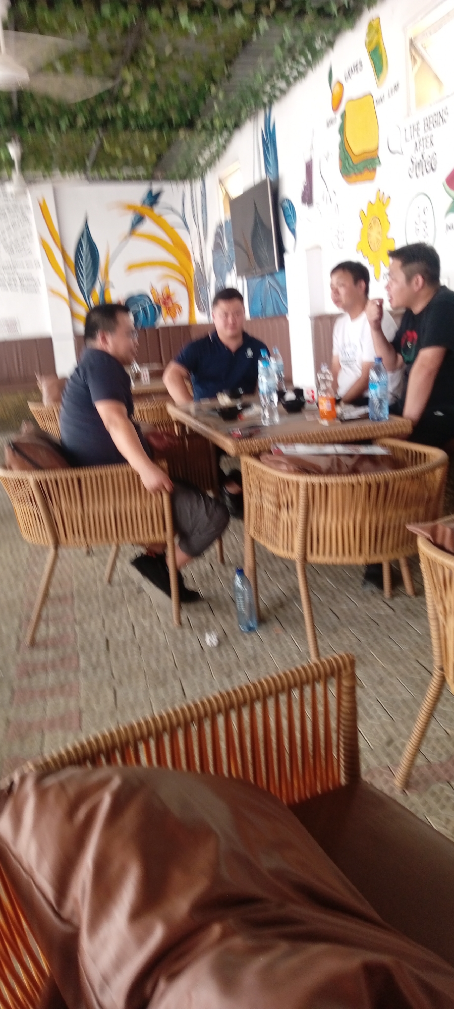 The image depicts an indoor scene, likely a cafe or restaurant, with four adult men seated at tables. The men, who appear to be of East Asian or Southeast Asian descent, are casually dressed in t-shirts and polo shirts, engaged in conversation. They are seated in distinctive light brown, wicker-style chairs around square tables with what appears to be a wood-grain laminate surface.
On the tables, several plastic water bottles and at least one orange-colored soft drink bottle are visible, along with small dark bowls or dishes. A dark bag or backpack is placed on the floor next to one of the seated men. The floor is tiled with light-colored pavers.
The cafe features unique decor. The ceiling is covered with artificial green foliage, giving the impression of an overhead canopy. The white walls are adorned with colorful murals. Visible elements in the murals include bold yellow and blue stylized leaves, an illustration of an orange, a green rectangle labeled "GRAPES", a white rectangle labeled "MINT LEAF", a yellow sandwich, a yellow sun-like design, and the partial text "LIFE BEGINS AFTER JUICE". There is also some unreadable white text on the far left wall.
The image quality is somewhat blurry, especially towards the edges and background. The overall atmosphere suggests a casual social gathering. The specific time of day and weather are not discernible from the indoor setting.