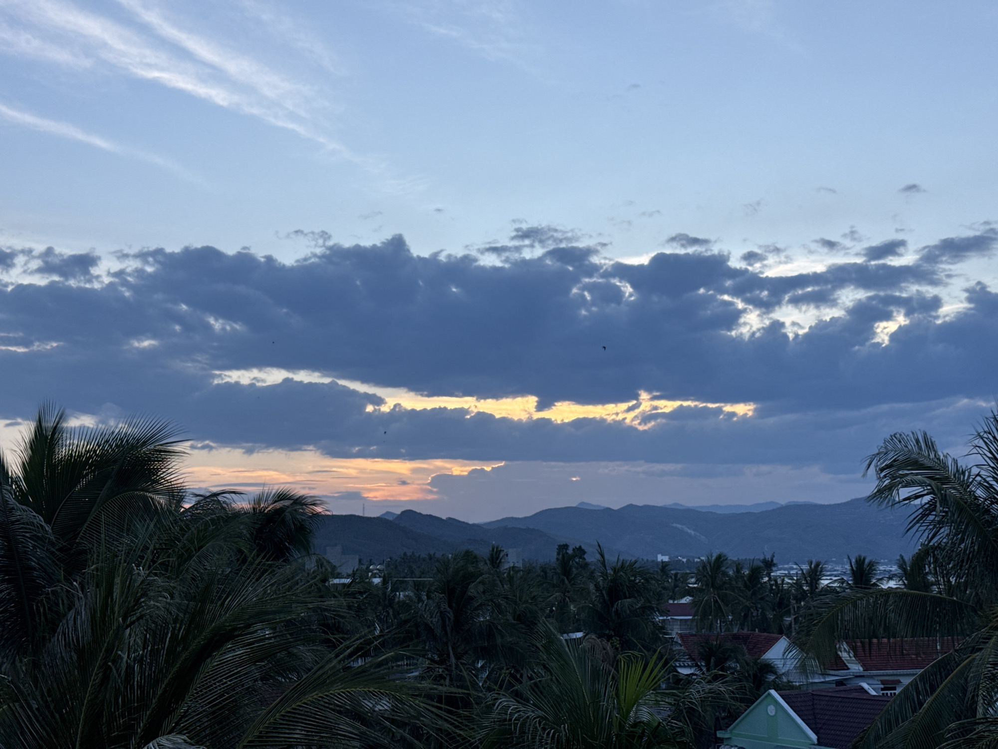 The image captures a twilight landscape. The sky is a gradient of blues, with thin, wispy white clouds higher up and darker, more substantial clouds lower down. A strip of orange and yellow light breaks through the lower clouds near the horizon, indicating the last rays of the setting sun. Below the sky is a series of rolling hills, silhouetted against the fading light. In the foreground, lush green palm trees dominate the frame, their fronds creating a sense of depth and framing the scene. Amidst the trees, glimpses of rooftops of houses are visible, suggesting a residential area nestled within a tropical or subtropical environment. The overall impression is one of a peaceful evening descending over a coastal or hilly town.